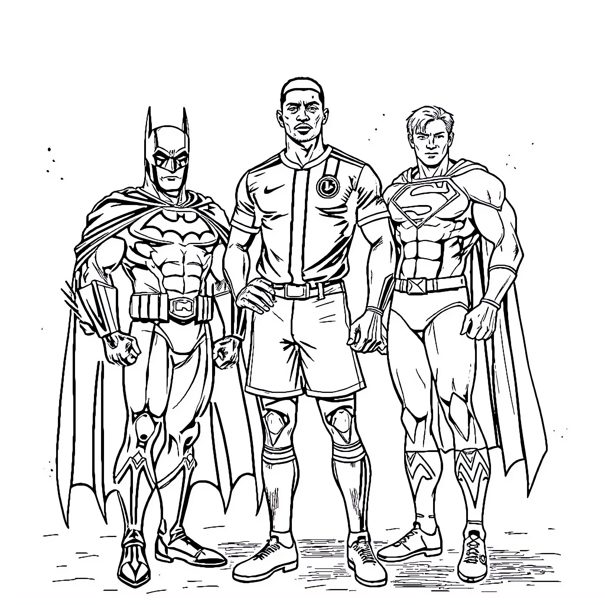 Mbappe Joins Iconic Superheroes in Action Pose Coloring Page (free black-and-white line drawing printable PDF for all, from beginners to advanced learners, including children, teens, adults, and seniors)