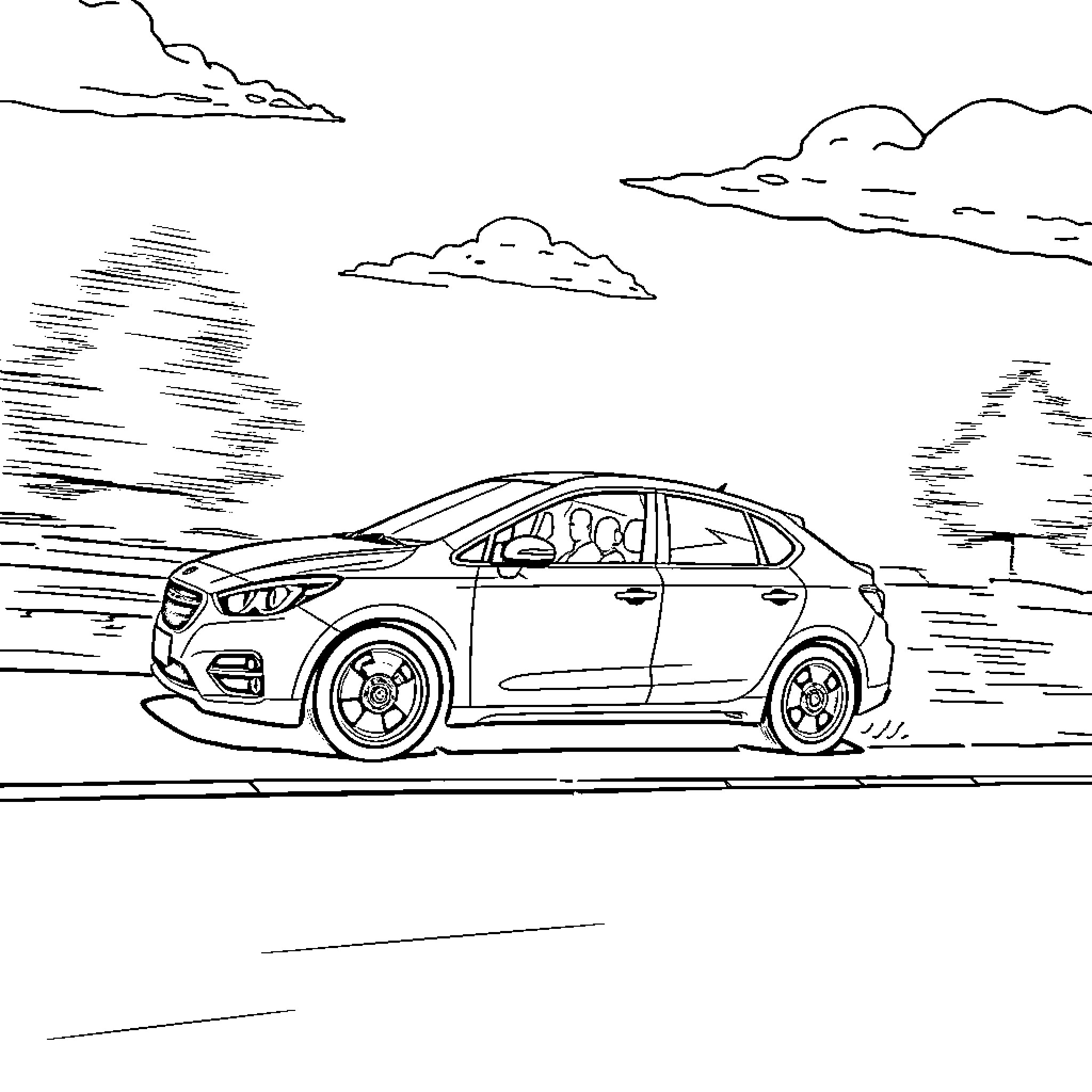 Vehicle driving on scenic road Coloring Page (free black-and-white line drawing printable PDF for all, from beginners to advanced learners, including children, teens, adults, and seniors)