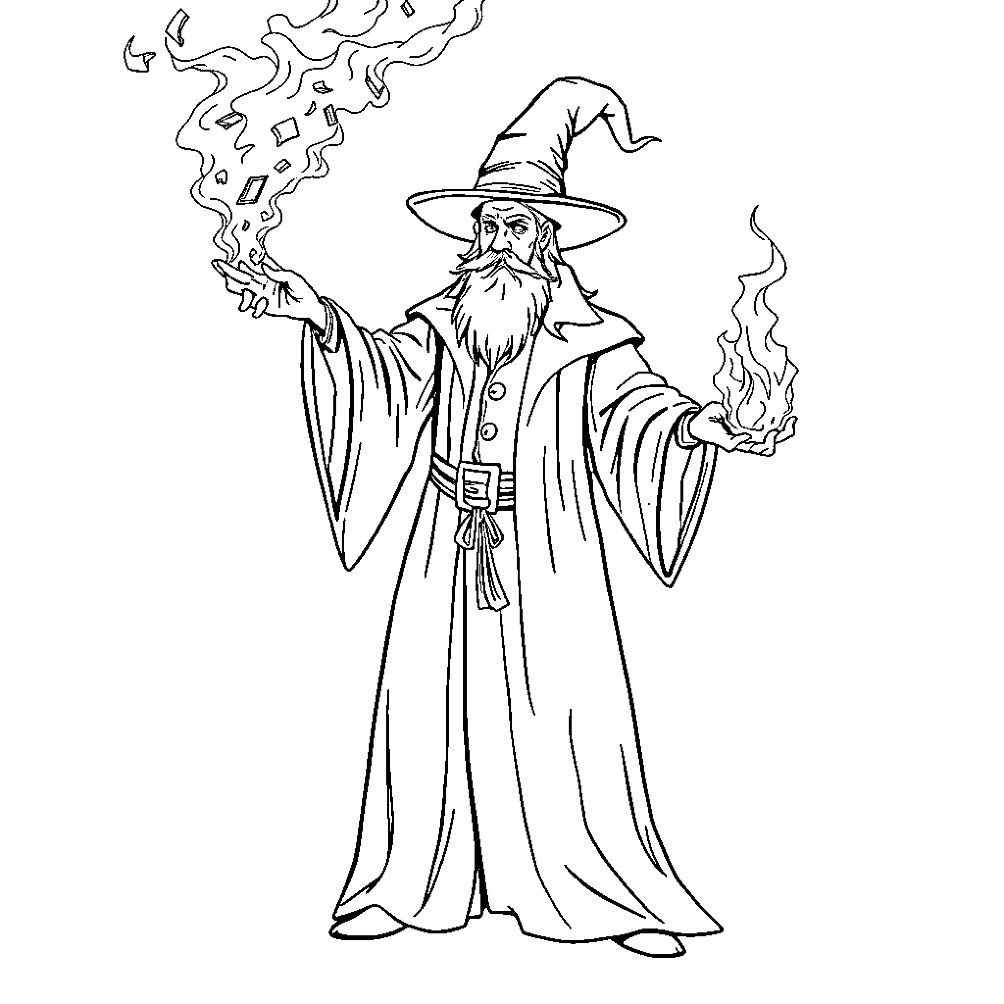 Sorcerer casting a powerful spell with magical flames Coloring Page (free black-and-white line drawing printable PDF for all, from beginners to advanced learners, including children, teens, adults, and seniors)
