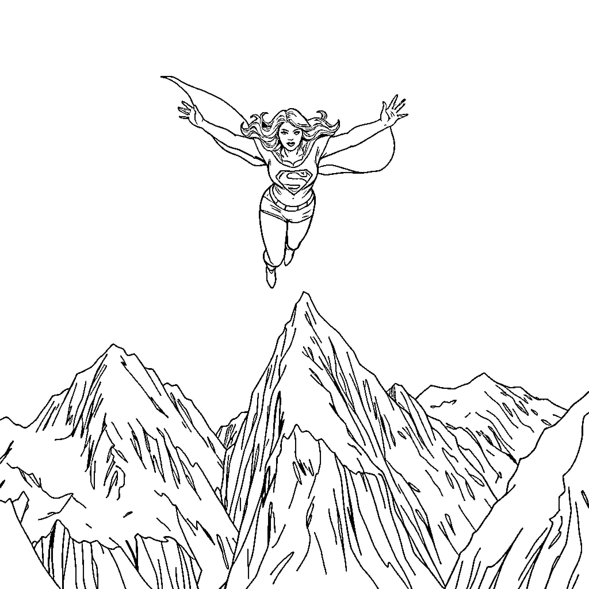 Supergirl soaring over majestic mountains Coloring Page (free black-and-white line drawing printable PDF for all, from beginners to advanced learners, including children, teens, adults, and seniors)
