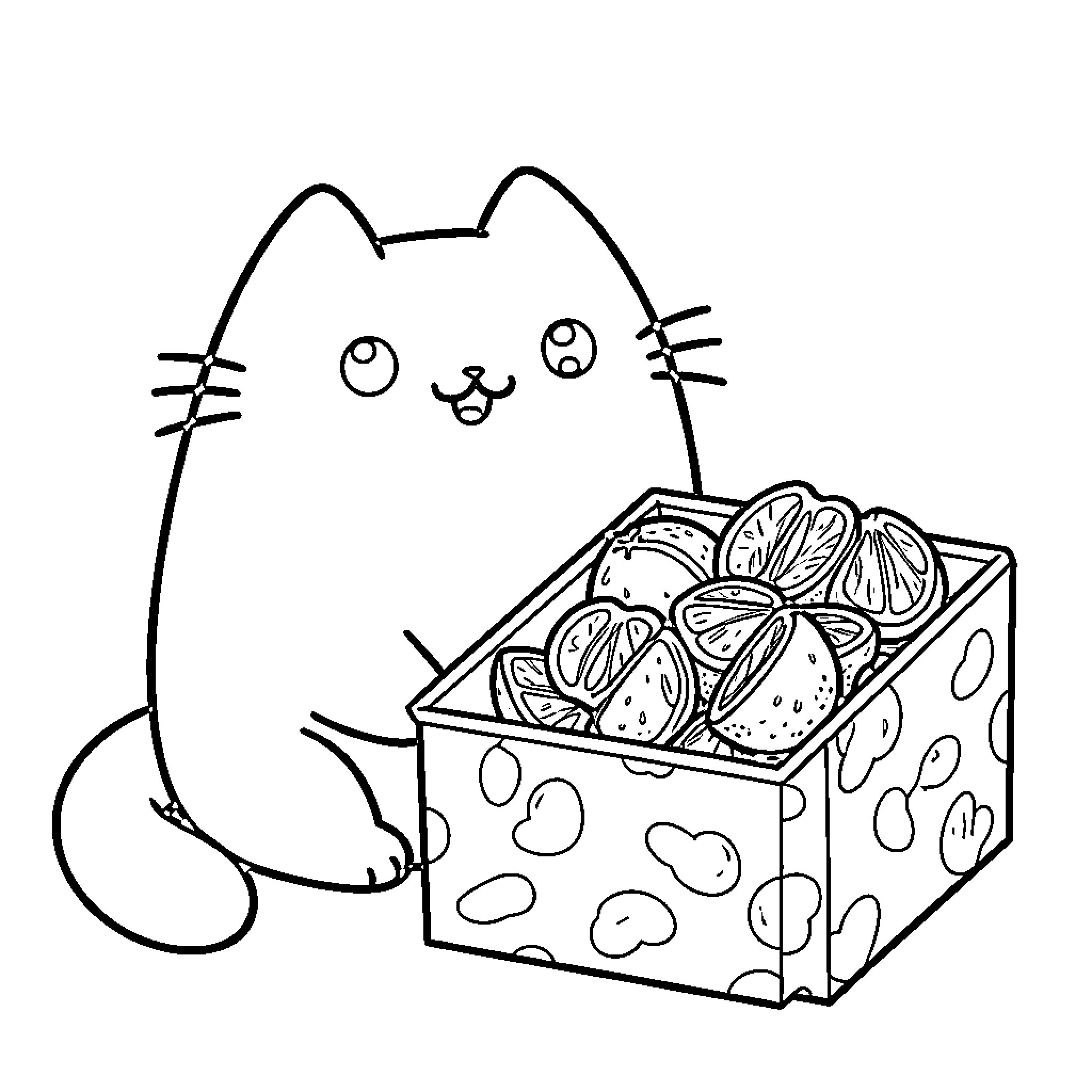 Pusheen exploring a box of fruit Coloring Page (free black-and-white line drawing printable PDF for all, from beginners to advanced learners, including children, teens, adults, and seniors)