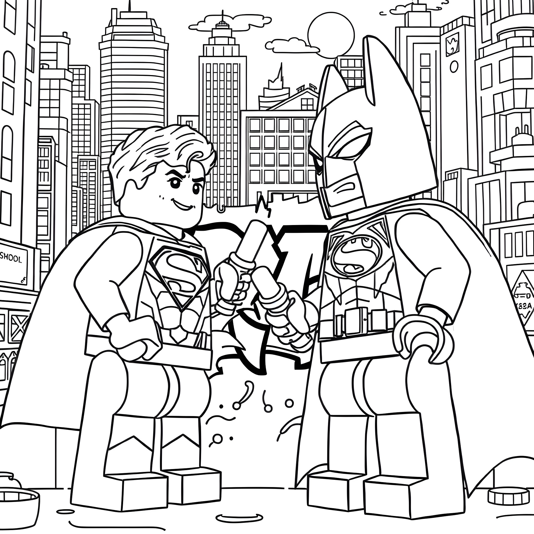 Superman Helping the Sidekick in the City Coloring Page (free black-and-white line drawing printable PDF for all, from beginners to advanced learners, including children, teens, adults, and seniors)