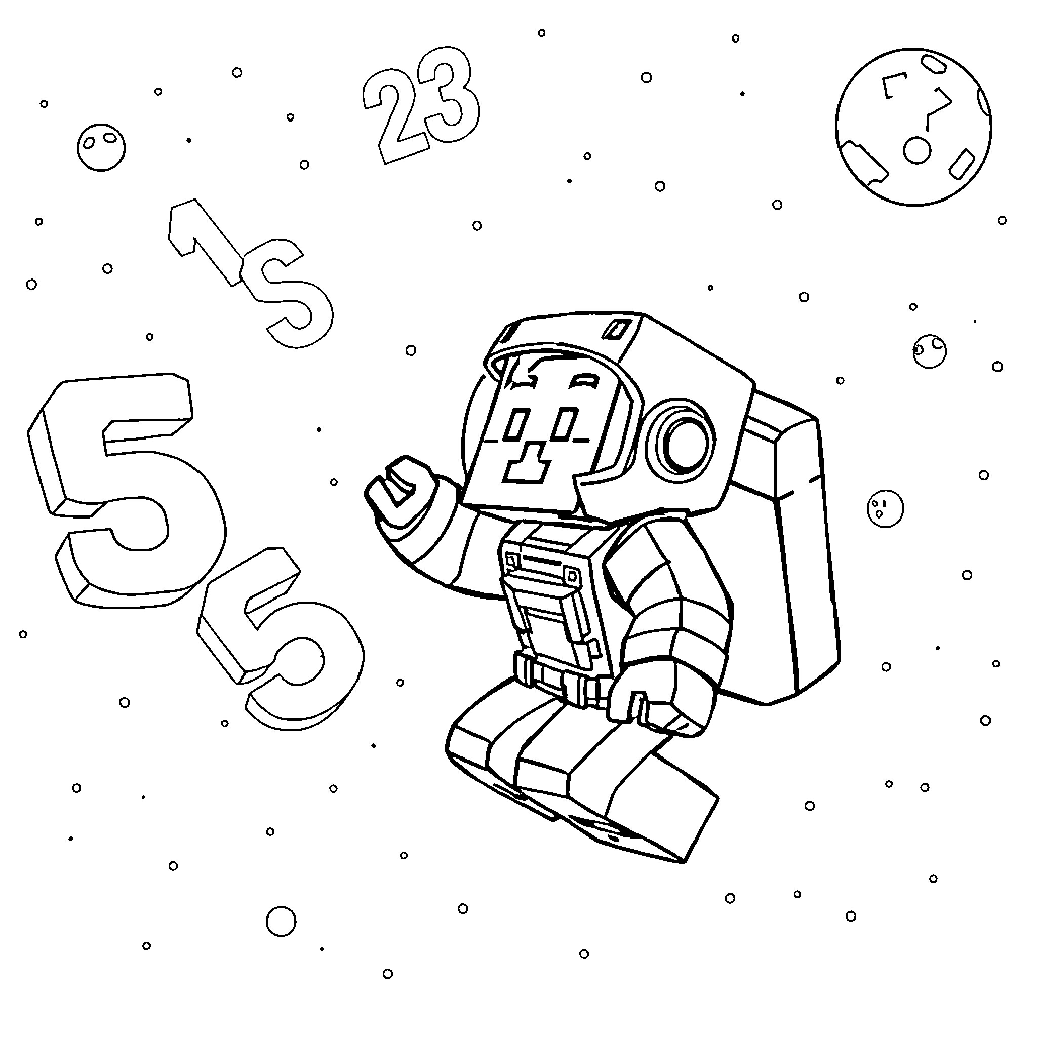Minecraft Character Exploring Outer Space Coloring Page (free black-and-white line drawing printable PDF for all, from beginners to advanced learners, including children, teens, adults, and seniors)