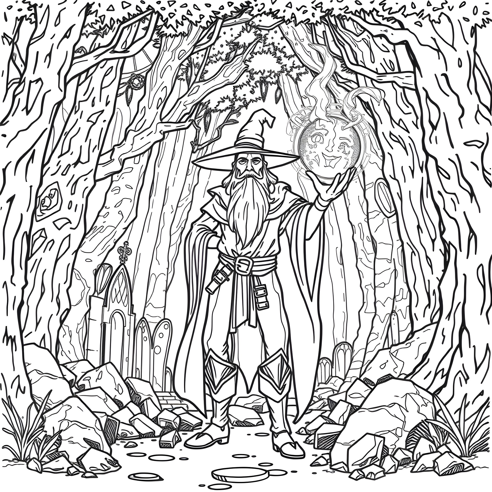 Gale the Wizard casting a spell in the enchanted forest Coloring Page (free black-and-white line drawing printable PDF for all, from beginners to advanced learners, including children, teens, adults, and seniors)