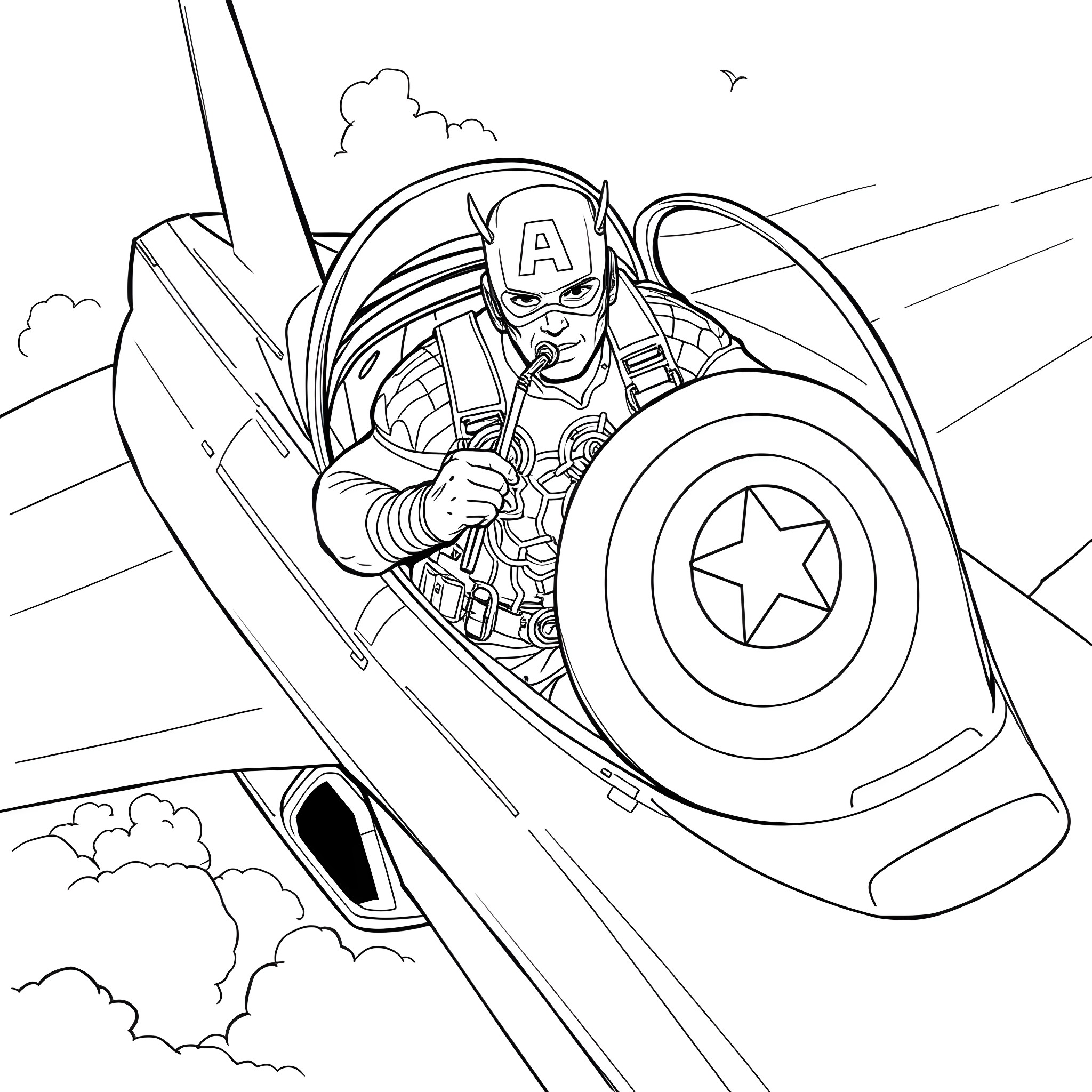Captain America flying in a jet with shield Coloring Page (free black-and-white line drawing printable PDF for all, from beginners to advanced learners, including children, teens, adults, and seniors)