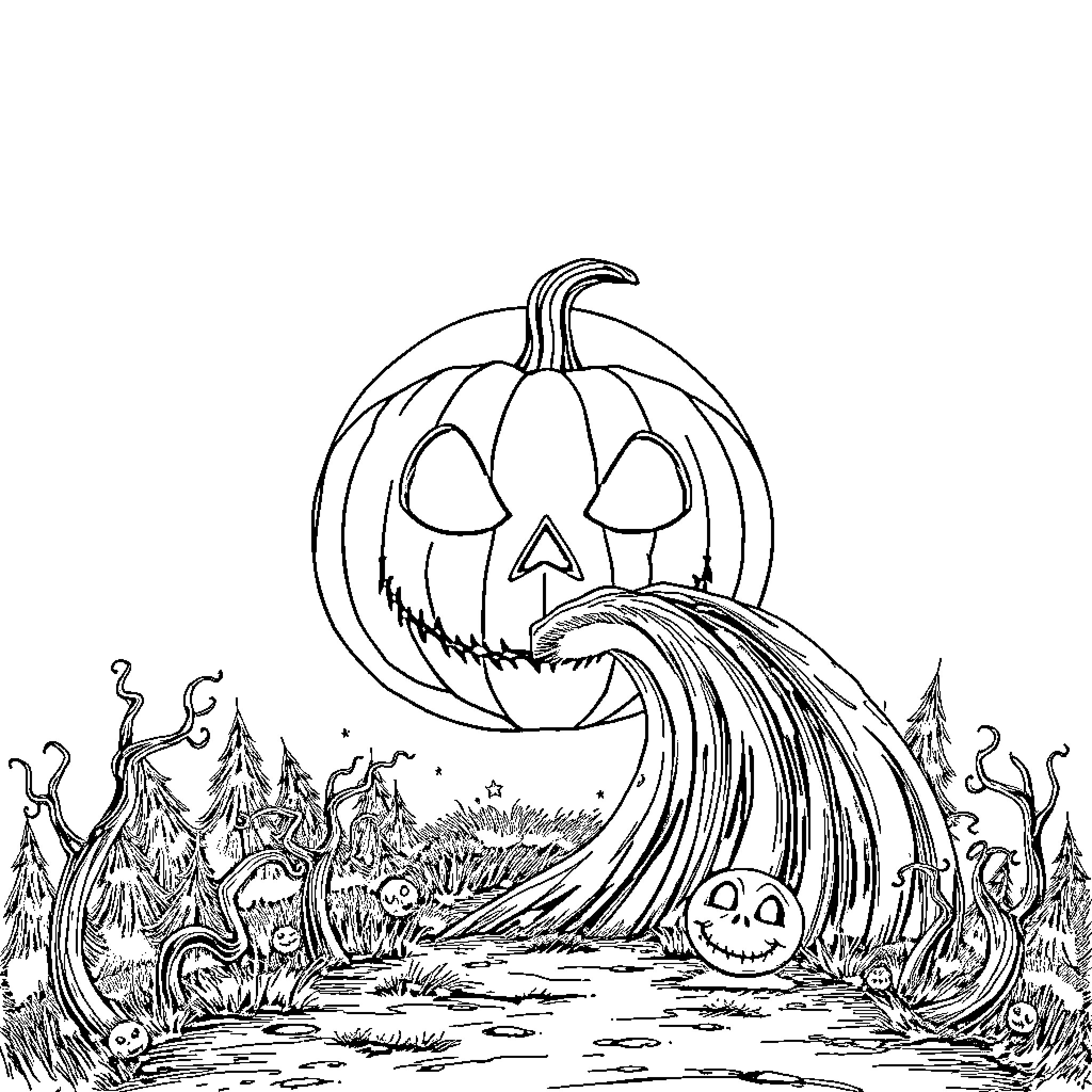 Pumpkin carving scene with spooky elements Coloring Page (free black-and-white line drawing printable PDF for all, from beginners to advanced learners, including children, teens, adults, and seniors)