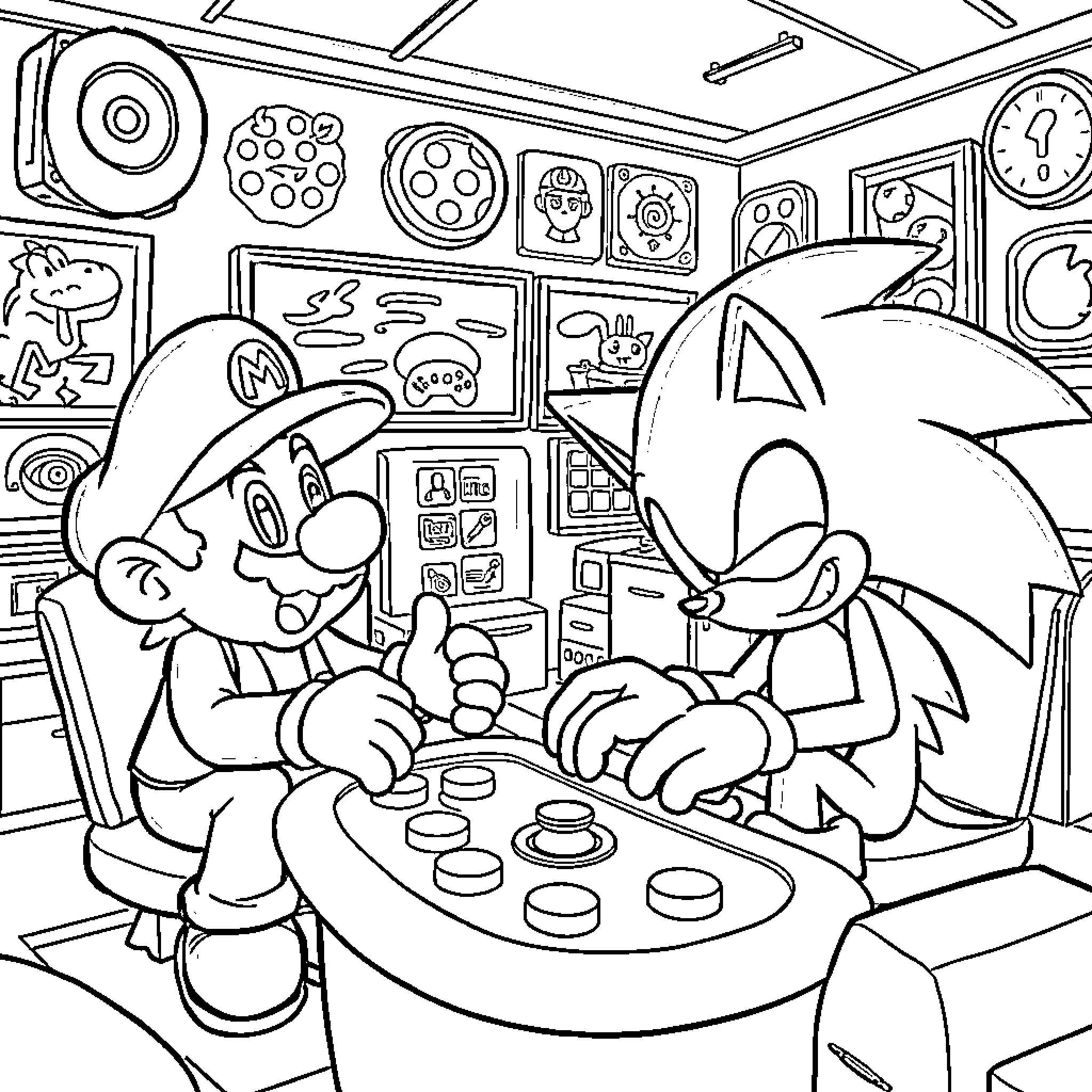 Sonic and Mario playing video games together Coloring Page (free black-and-white line drawing printable PDF for all, from beginners to advanced learners, including children, teens, adults, and seniors)