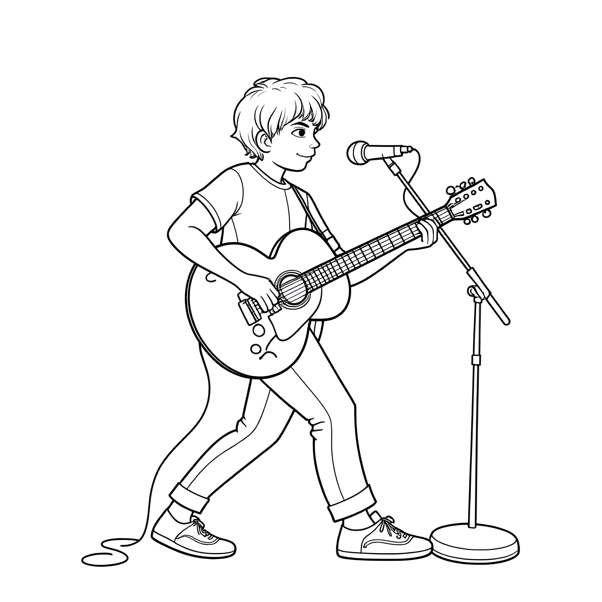 Teenage Boy Performing with Acoustic Guitar on Stage Coloring Page (free black-and-white line drawing printable PDF for all, from beginners to advanced learners, including children, teens, adults, and seniors)