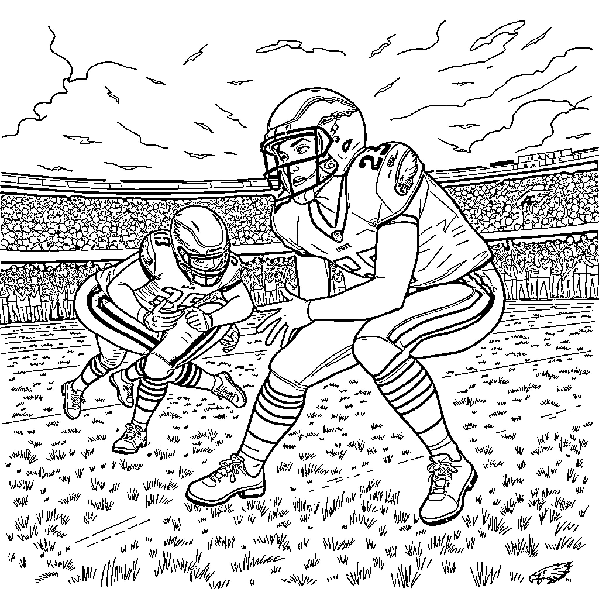 Eagle players competing on the football field Coloring Page (free black-and-white line drawing printable PDF for all, from beginners to advanced learners, including children, teens, adults, and seniors)
