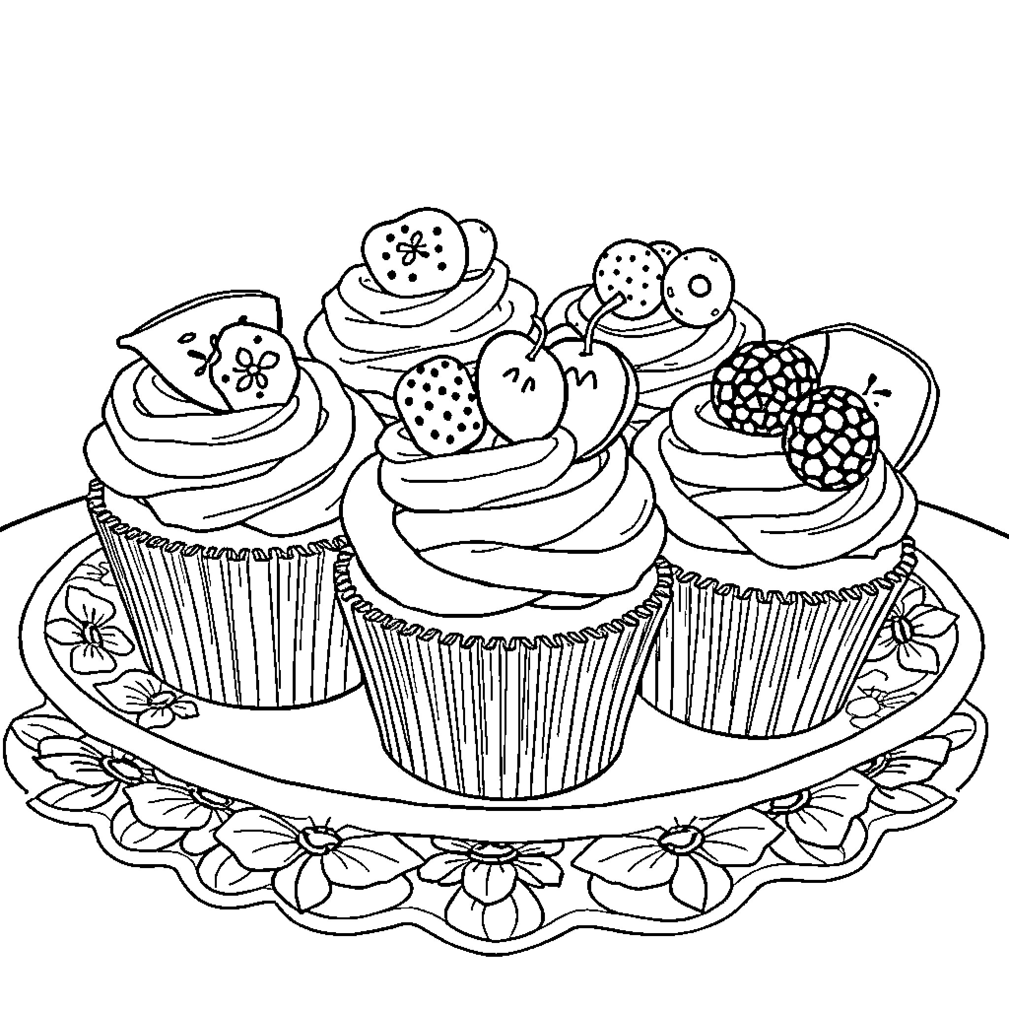 Cupcake Delight with Festive Toppings Coloring Page (free black-and-white line drawing printable PDF for all, from beginners to advanced learners, including children, teens, adults, and seniors)