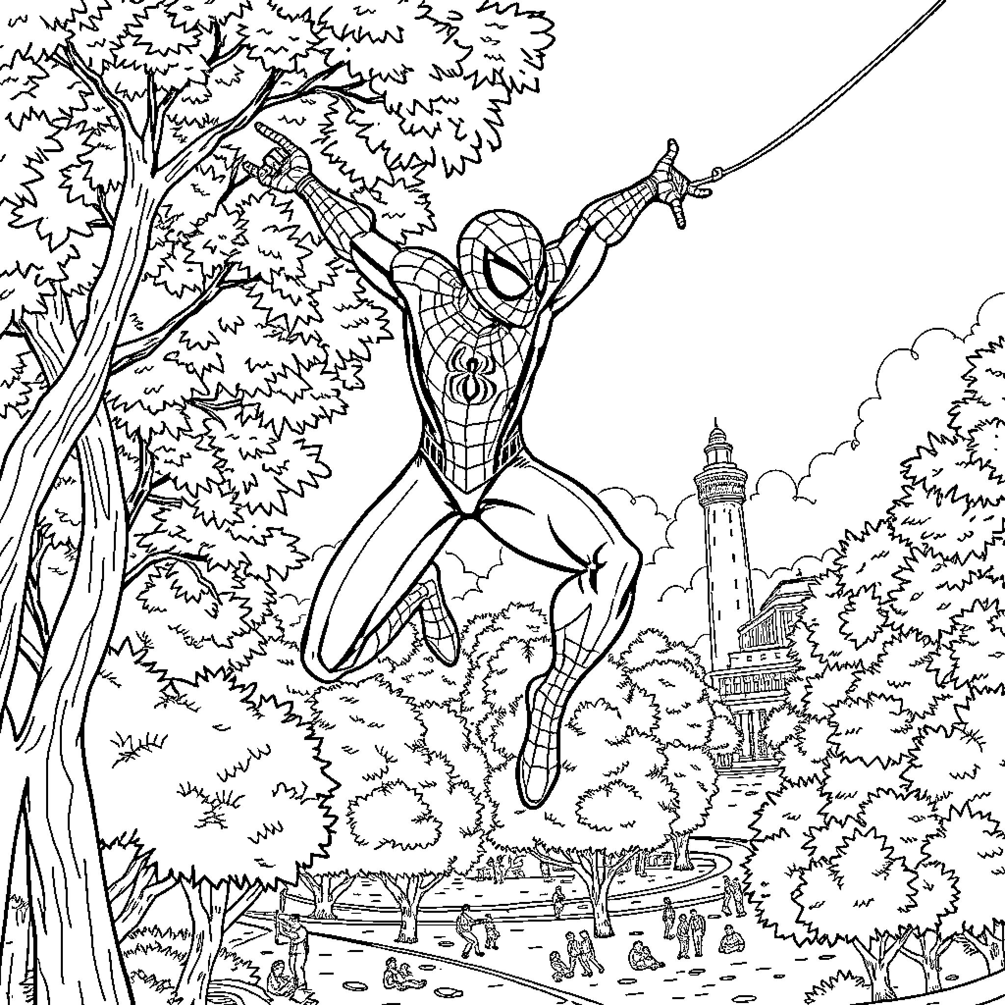 Spider-Man swinging through the city Coloring Page (free black-and-white line drawing printable PDF for all, from beginners to advanced learners, including children, teens, adults, and seniors)