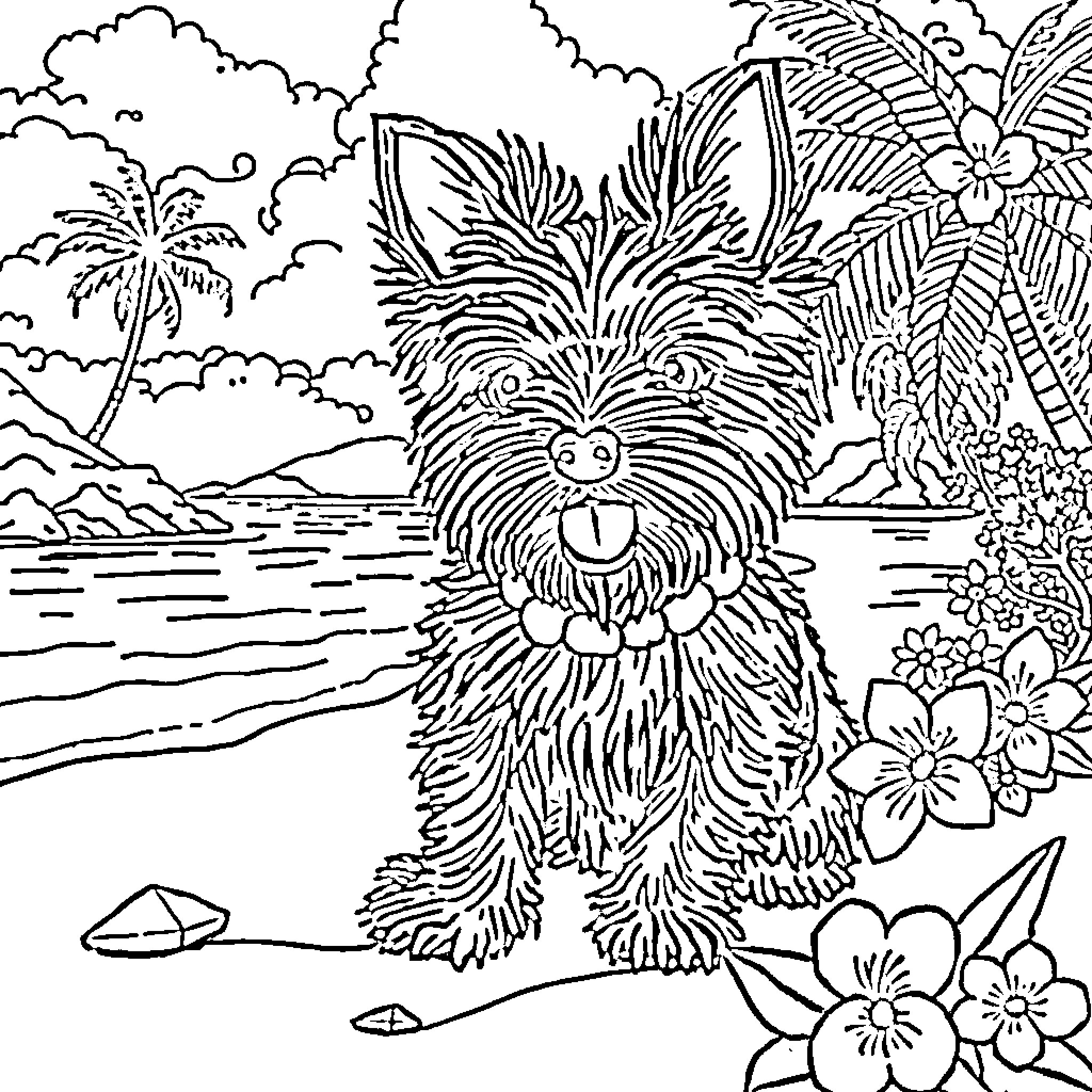 Yorkie playing in tropical paradise Coloring Page (free black-and-white line drawing printable PDF for all, from beginners to advanced learners, including children, teens, adults, and seniors)