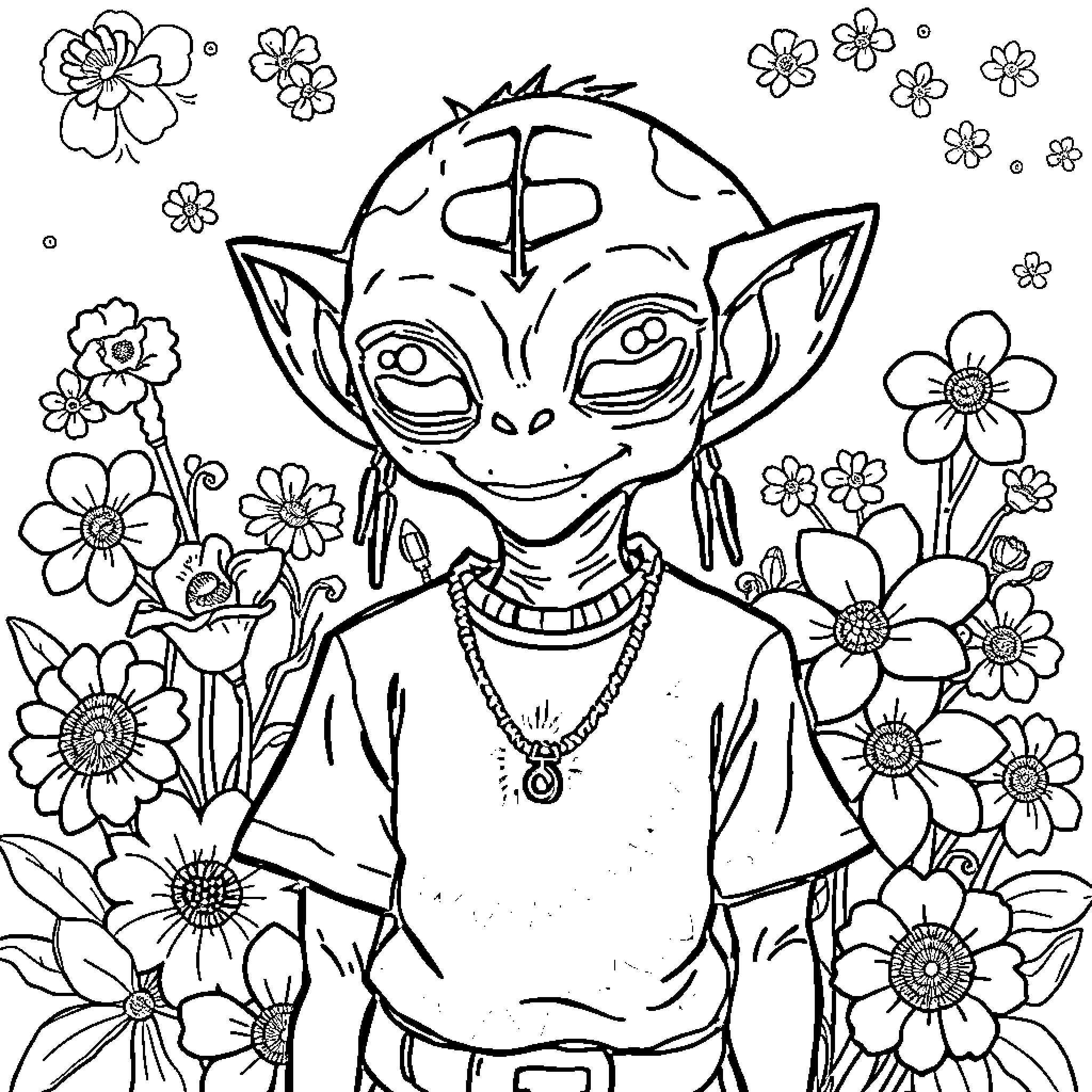 Alien character surrounded by colorful flowers Coloring Page (free black-and-white line drawing printable PDF for all, from beginners to advanced learners, including children, teens, adults, and seniors)