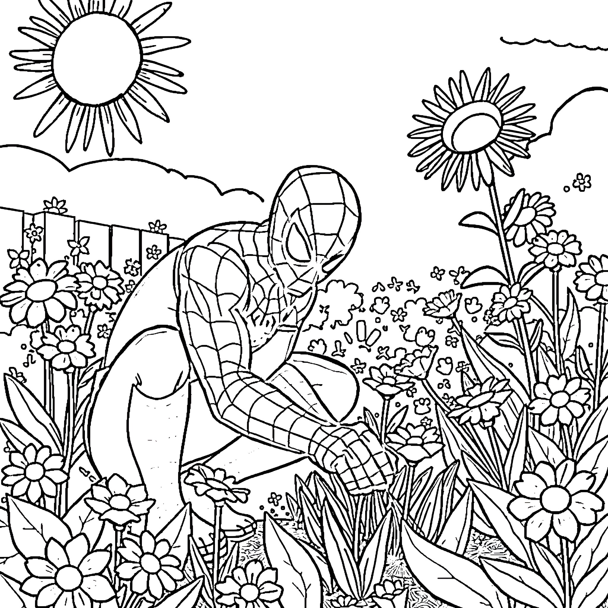 Spider-Man exploring a flower garden Coloring Page (free black-and-white line drawing printable PDF for all, from beginners to advanced learners, including children, teens, adults, and seniors)