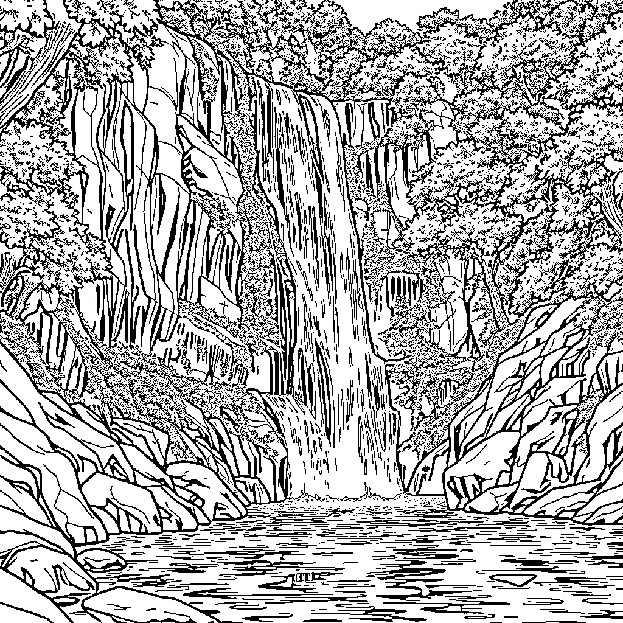 Waterfall cascading through lush forest landscape Coloring Page (free black-and-white line drawing printable PDF for all, from beginners to advanced learners, including children, teens, adults, and seniors)