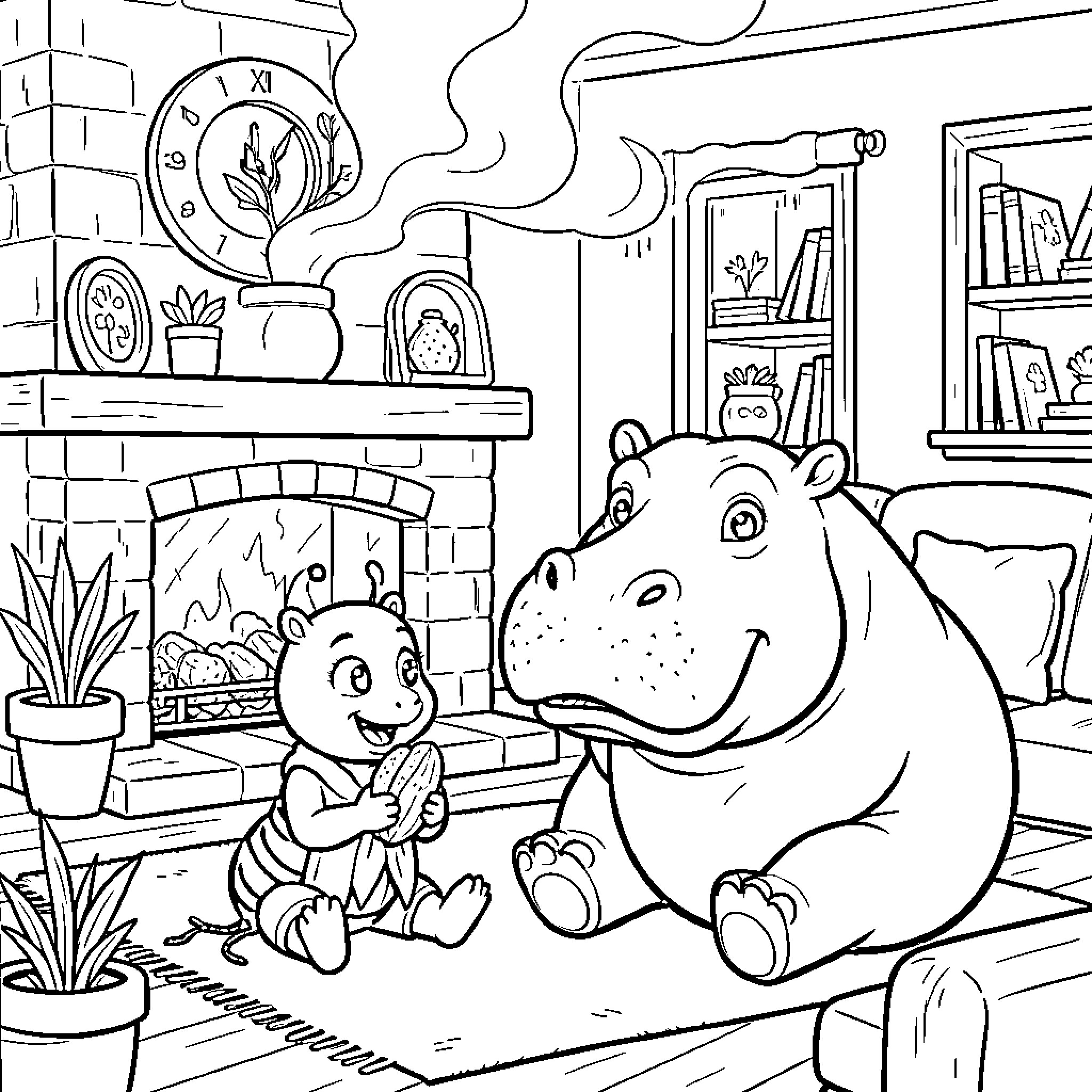 Hormiga and Hippo Enjoying Cozy Home Coloring Page (free black-and-white line drawing printable PDF for all, from beginners to advanced learners, including children, teens, adults, and seniors)
