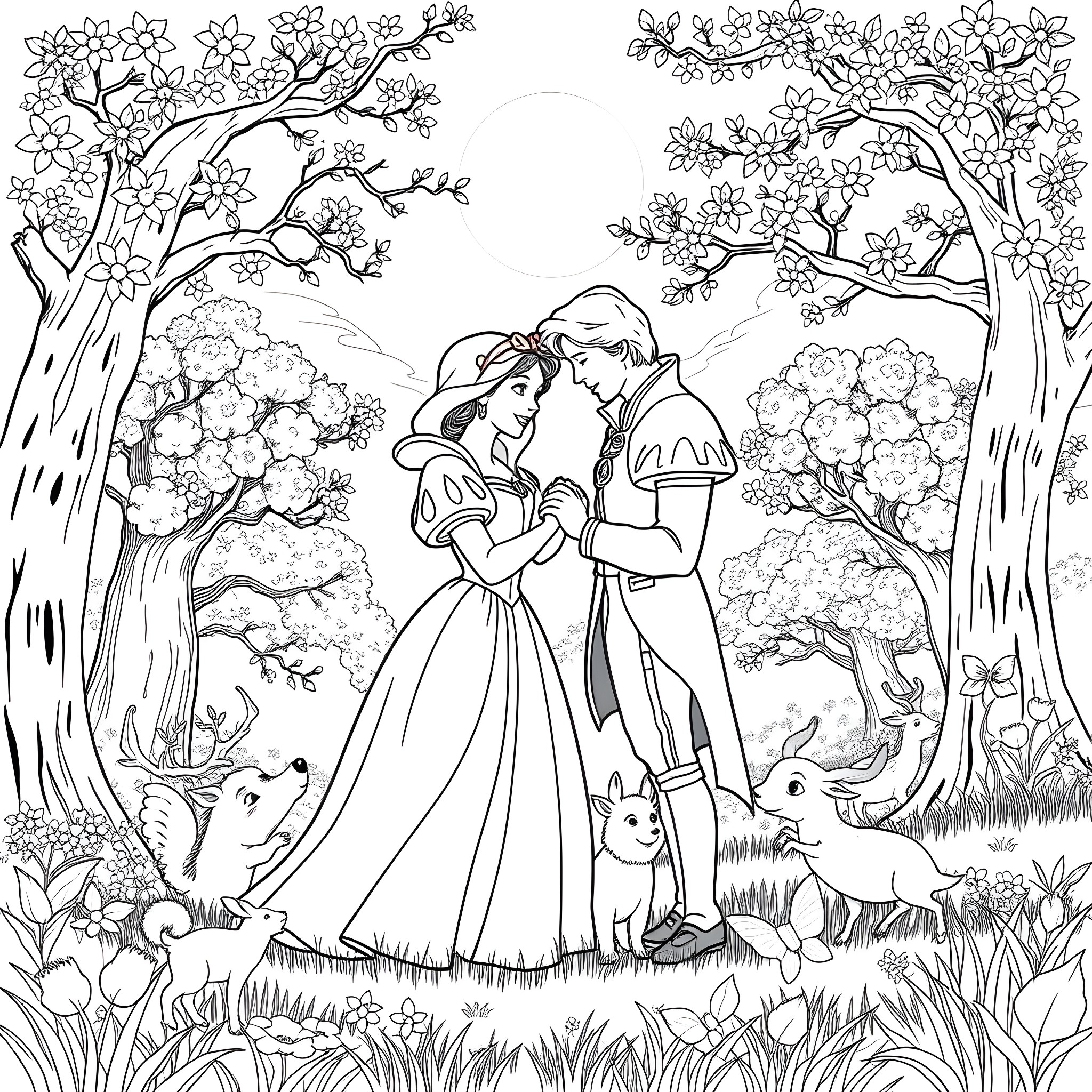 Snow White and Prince Charming's Romantic Embrace in the Enchanted Forest Coloring Page (free black-and-white line drawing printable PDF for all, from beginners to advanced learners, including children, teens, adults, and seniors)