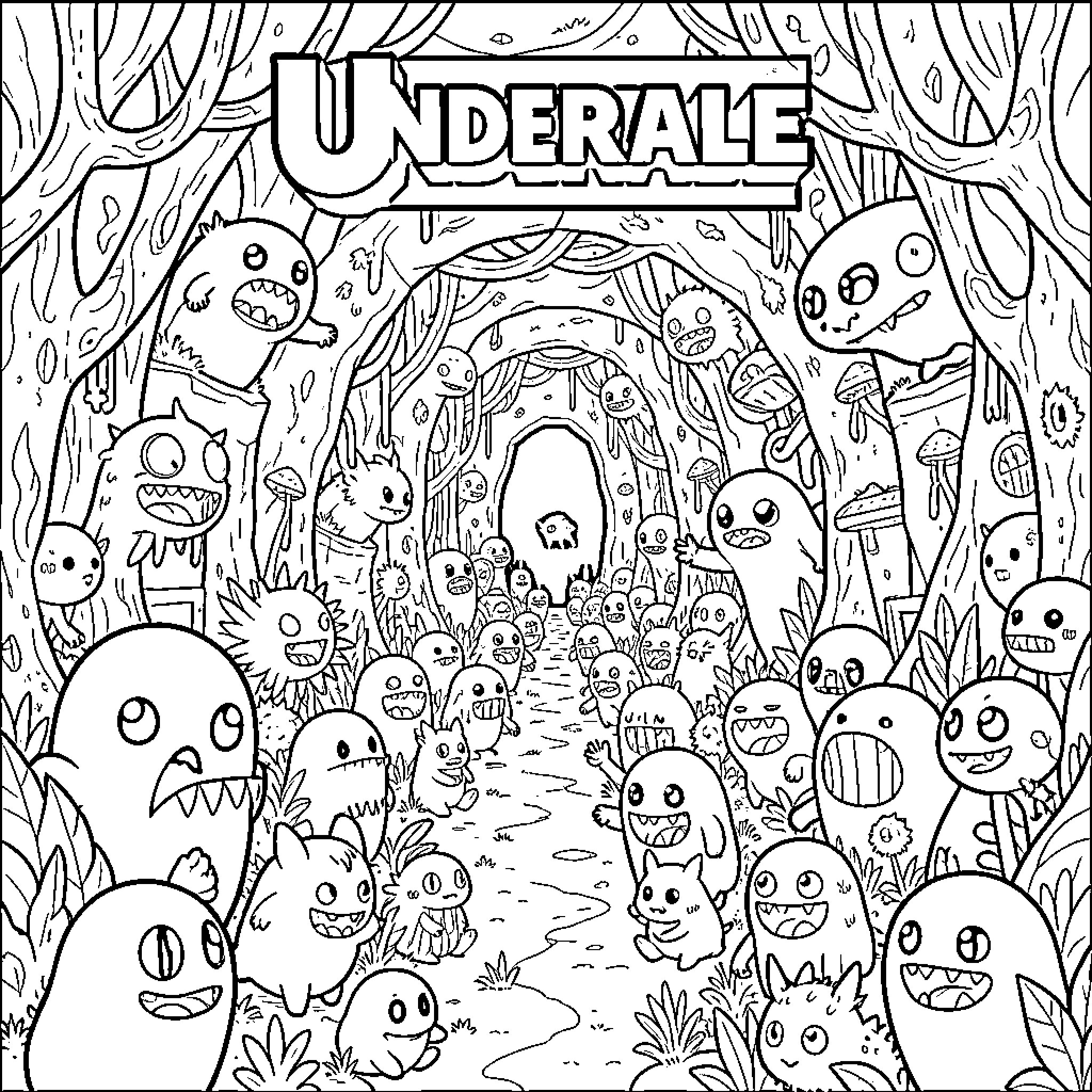 Undertale - Whimsical Creatures Explore a Fantastical Forest Coloring Page (free black-and-white line drawing printable PDF for all, from beginners to advanced learners, including children, teens, adults, and seniors)