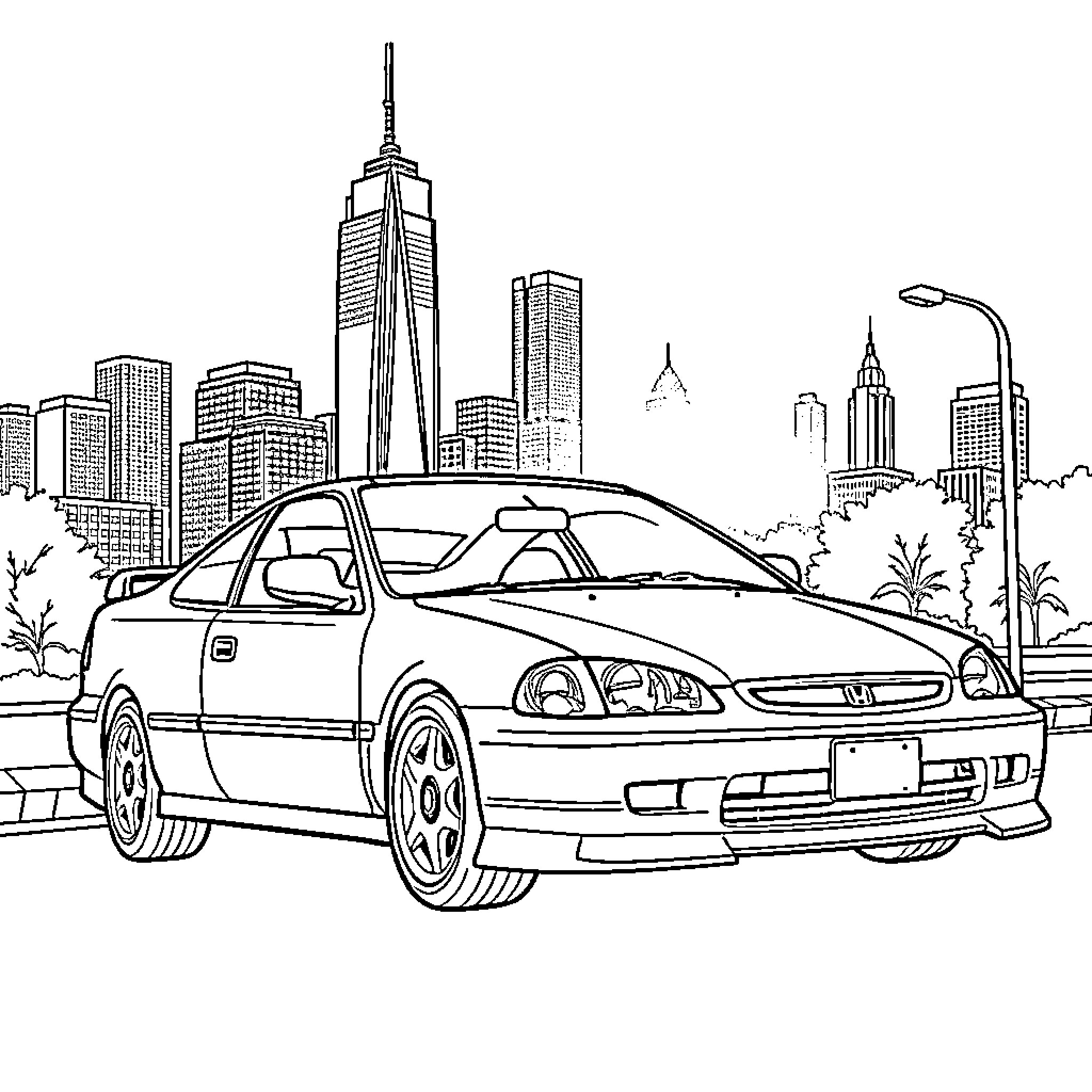 Honda Civic Driving Through Cityscape Coloring Page (free black-and-white line drawing printable PDF for all, from beginners to advanced learners, including children, teens, adults, and seniors)