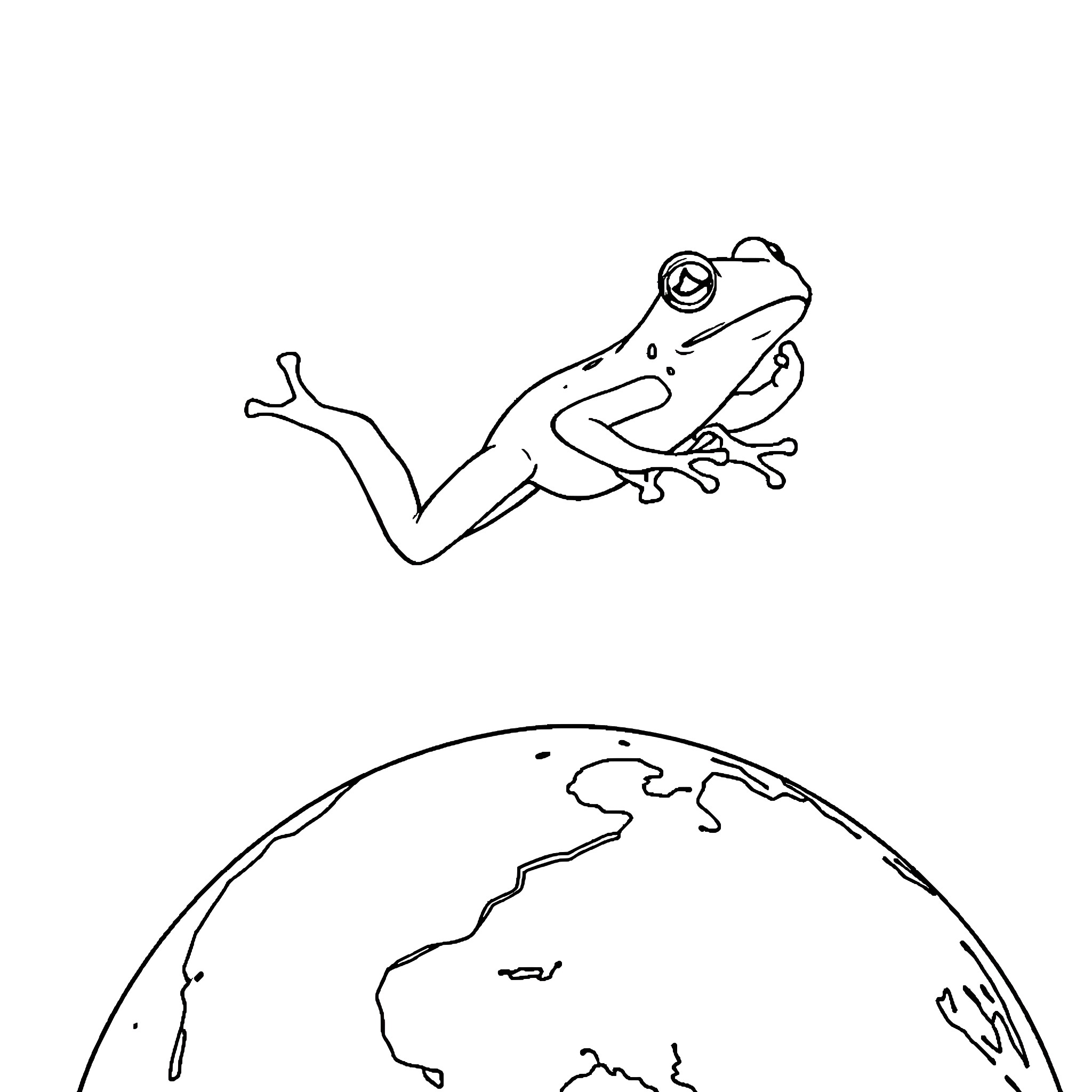 Frog leaping on a globe Coloring Page (free black-and-white line drawing printable PDF for all, from beginners to advanced learners, including children, teens, adults, and seniors)