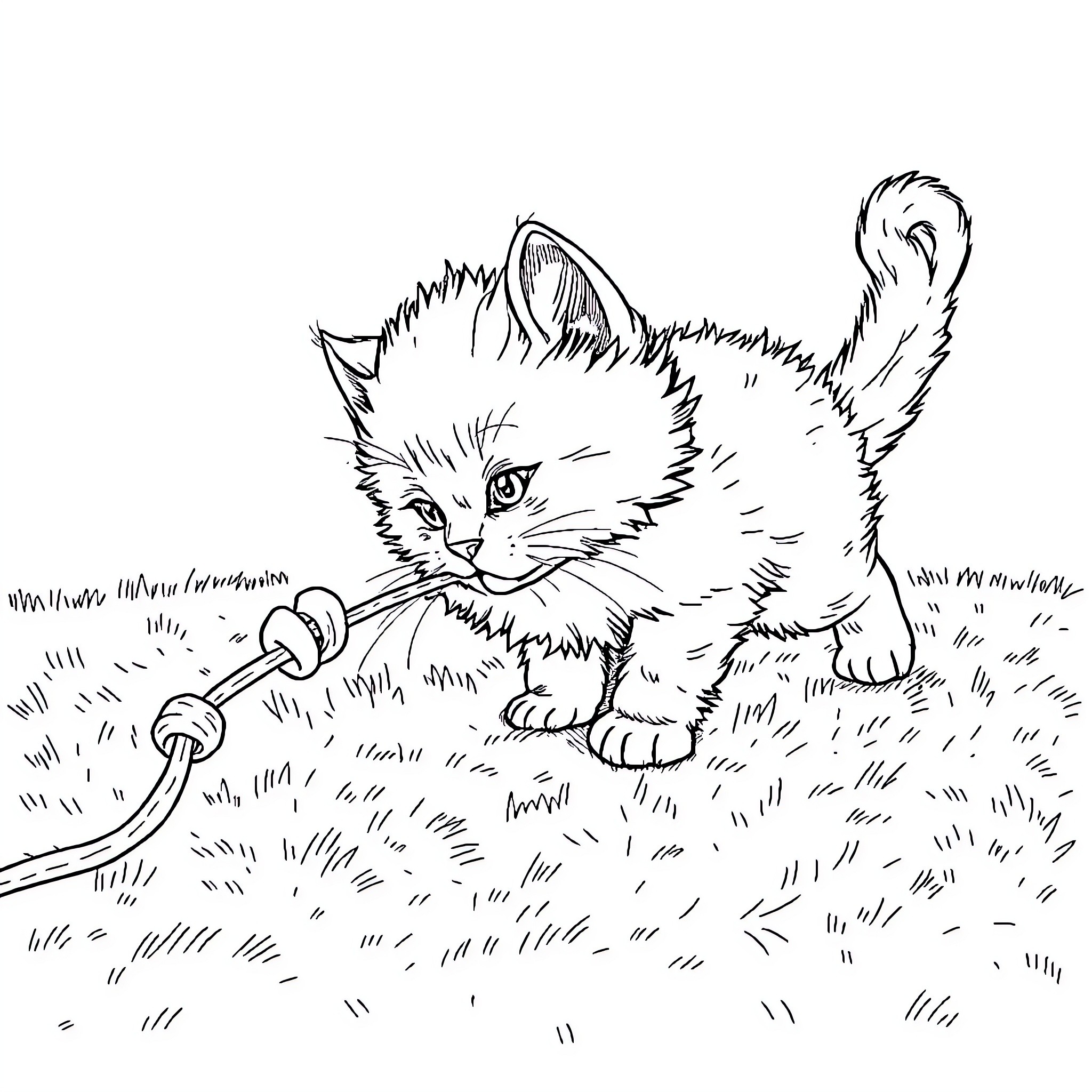 Kitten Chasing Toy on Grassy Ground Coloring Page (free black-and-white line drawing printable PDF for all, from beginners to advanced learners, including children, teens, adults, and seniors)