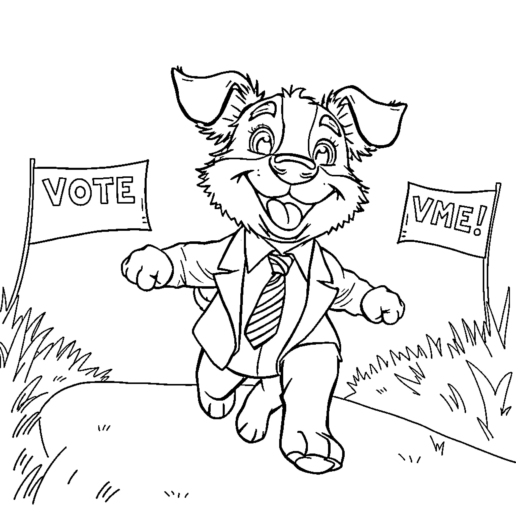Dog Enthusiastically Campaigning with Voting Signs Coloring Page (free black-and-white line drawing printable PDF for all, from beginners to advanced learners, including children, teens, adults, and seniors)