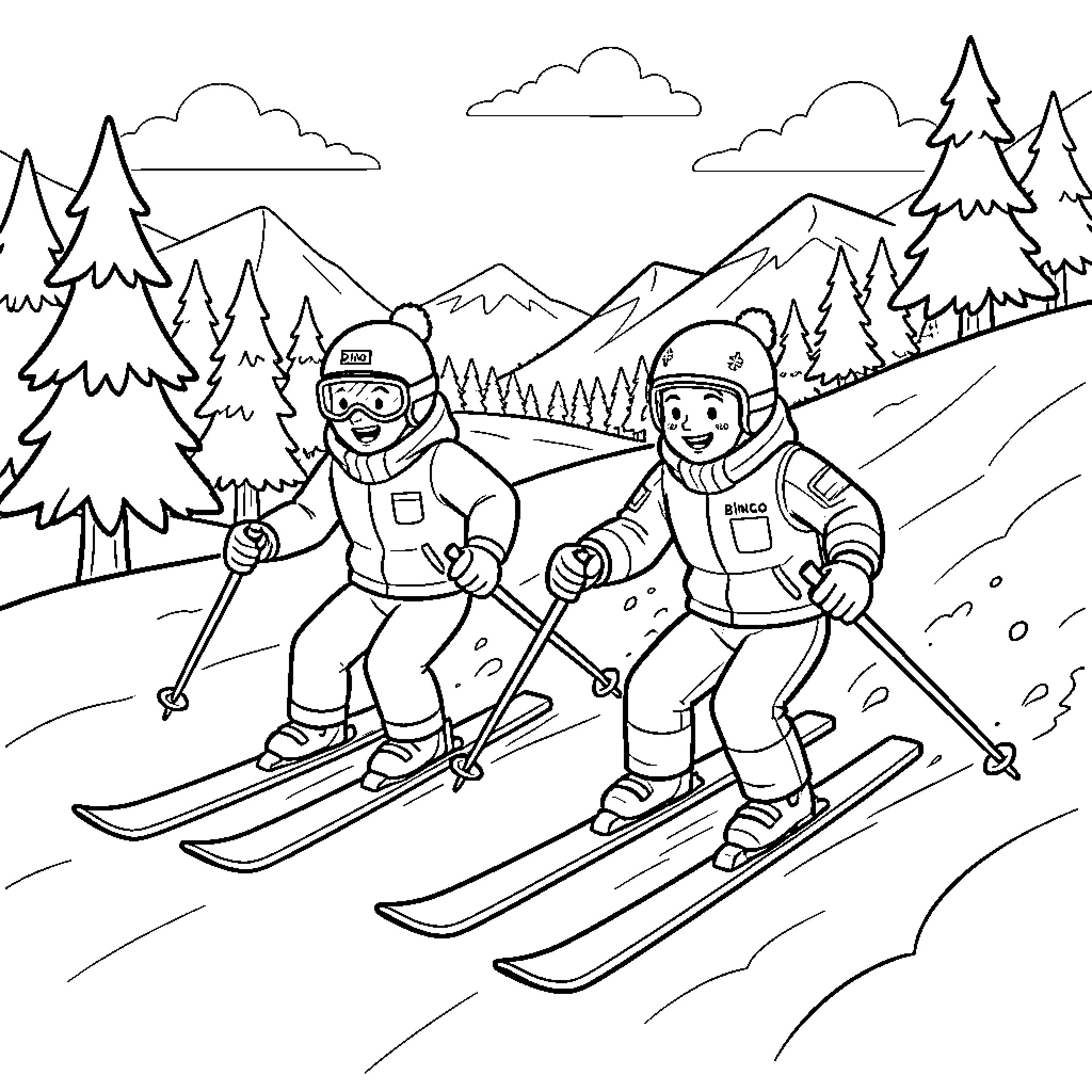 Bingo characters skiing down a snowy mountain slope Coloring Page (free black-and-white line drawing printable PDF for all, from beginners to advanced learners, including children, teens, adults, and seniors)
