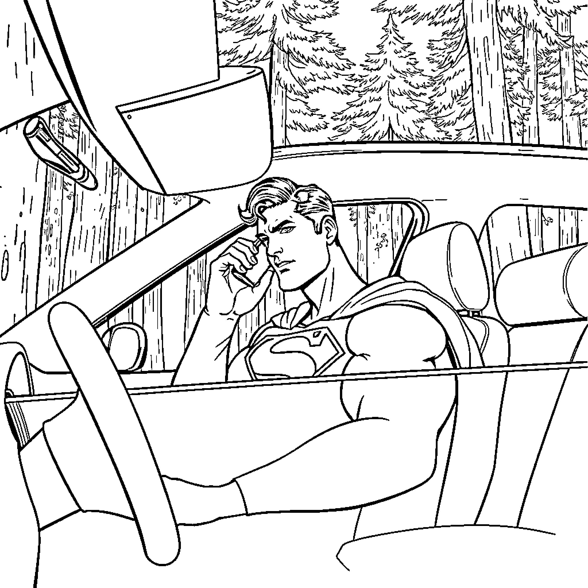 Superman driving his car through the forest Coloring Page (free black-and-white line drawing printable PDF for all, from beginners to advanced learners, including children, teens, adults, and seniors)