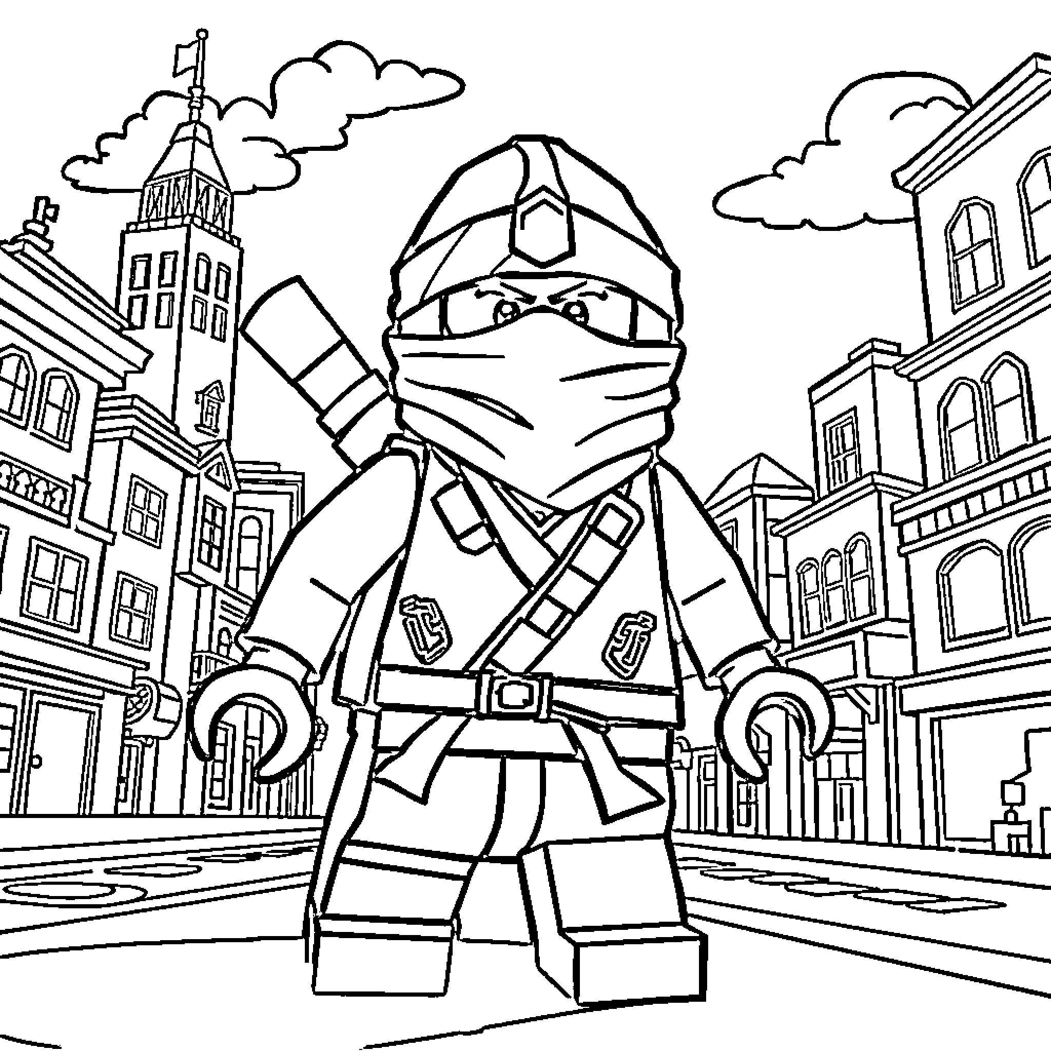 Ninjago warrior in a city setting Coloring Page (free black-and-white line drawing printable PDF for all, from beginners to advanced learners, including children, teens, adults, and seniors)
