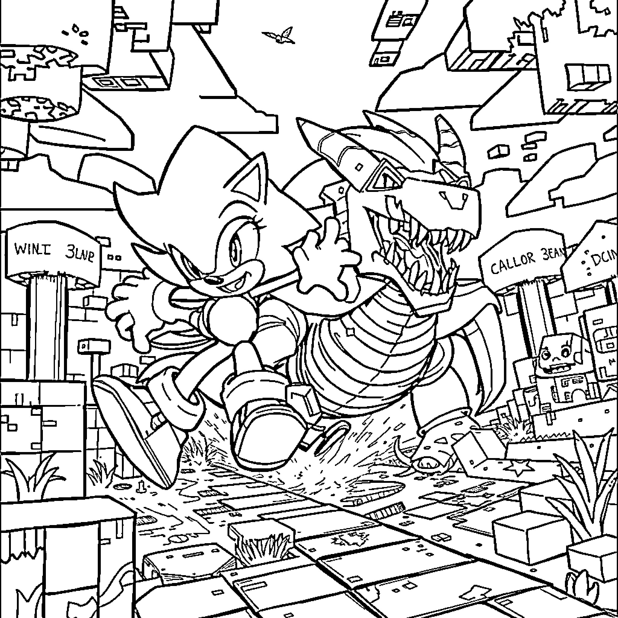 Sonic's Dynamic Adventure in a Chaotic Cityscape Coloring Page (free black-and-white line drawing printable PDF for all, from beginners to advanced learners, including children, teens, adults, and seniors)