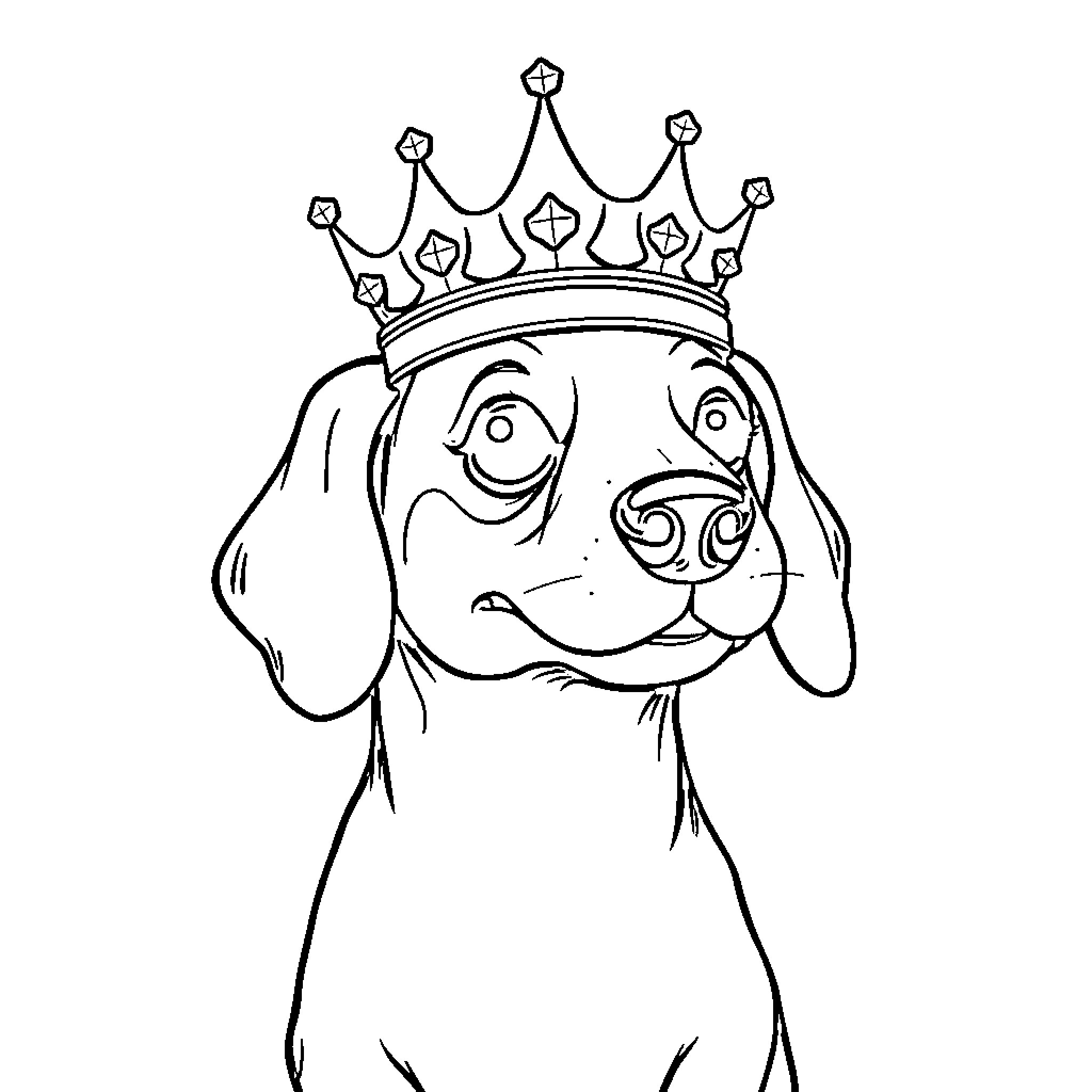Sausage Dog Wearing a Silly Crown Coloring Page (free black-and-white line drawing printable PDF for all, from beginners to advanced learners, including children, teens, adults, and seniors)