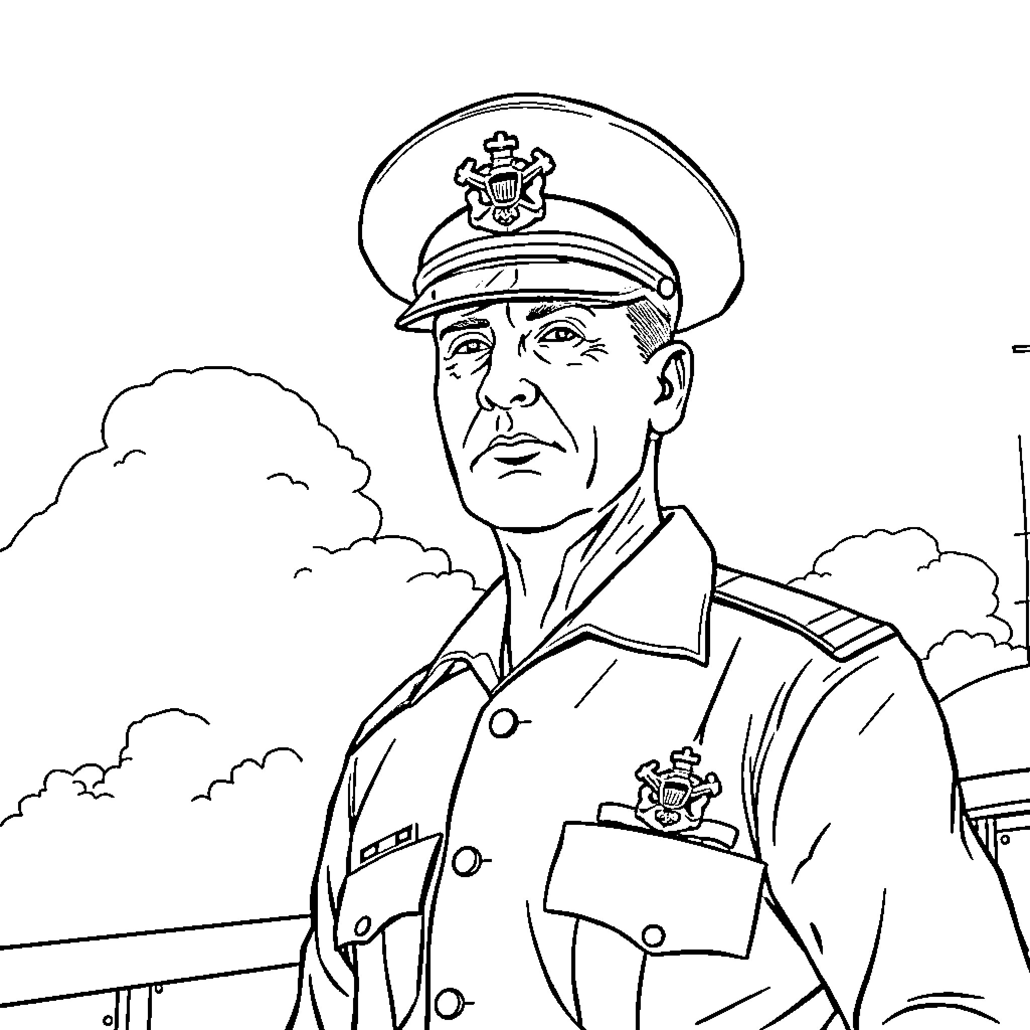 Navy Senior Chief in Formal Uniform Outdoors Coloring Page (free black-and-white line drawing printable PDF for all, from beginners to advanced learners, including children, teens, adults, and seniors)