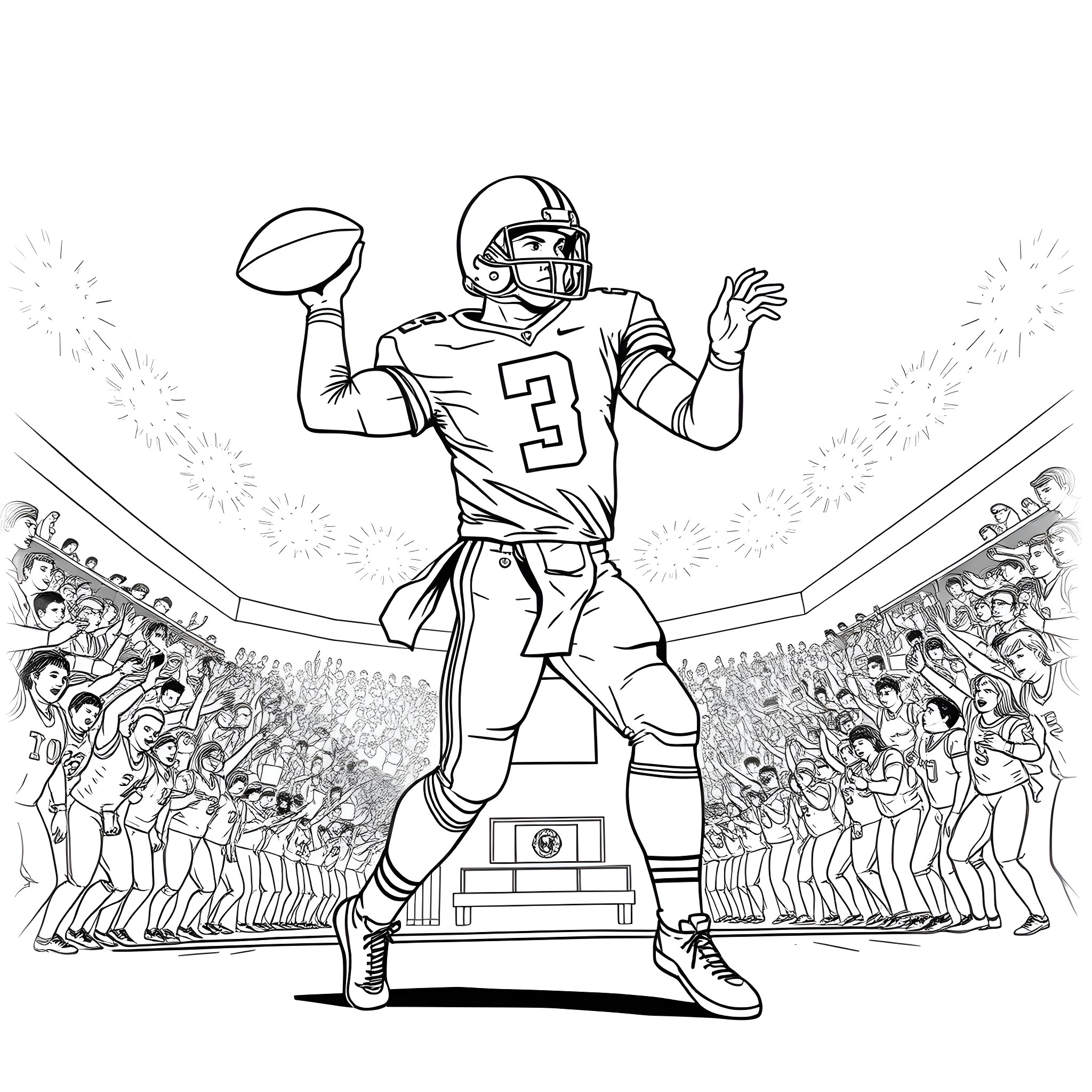 Quarterback celebrating touchdown in the stadium Coloring Page (free black-and-white line drawing printable PDF for all, from beginners to advanced learners, including children, teens, adults, and seniors)