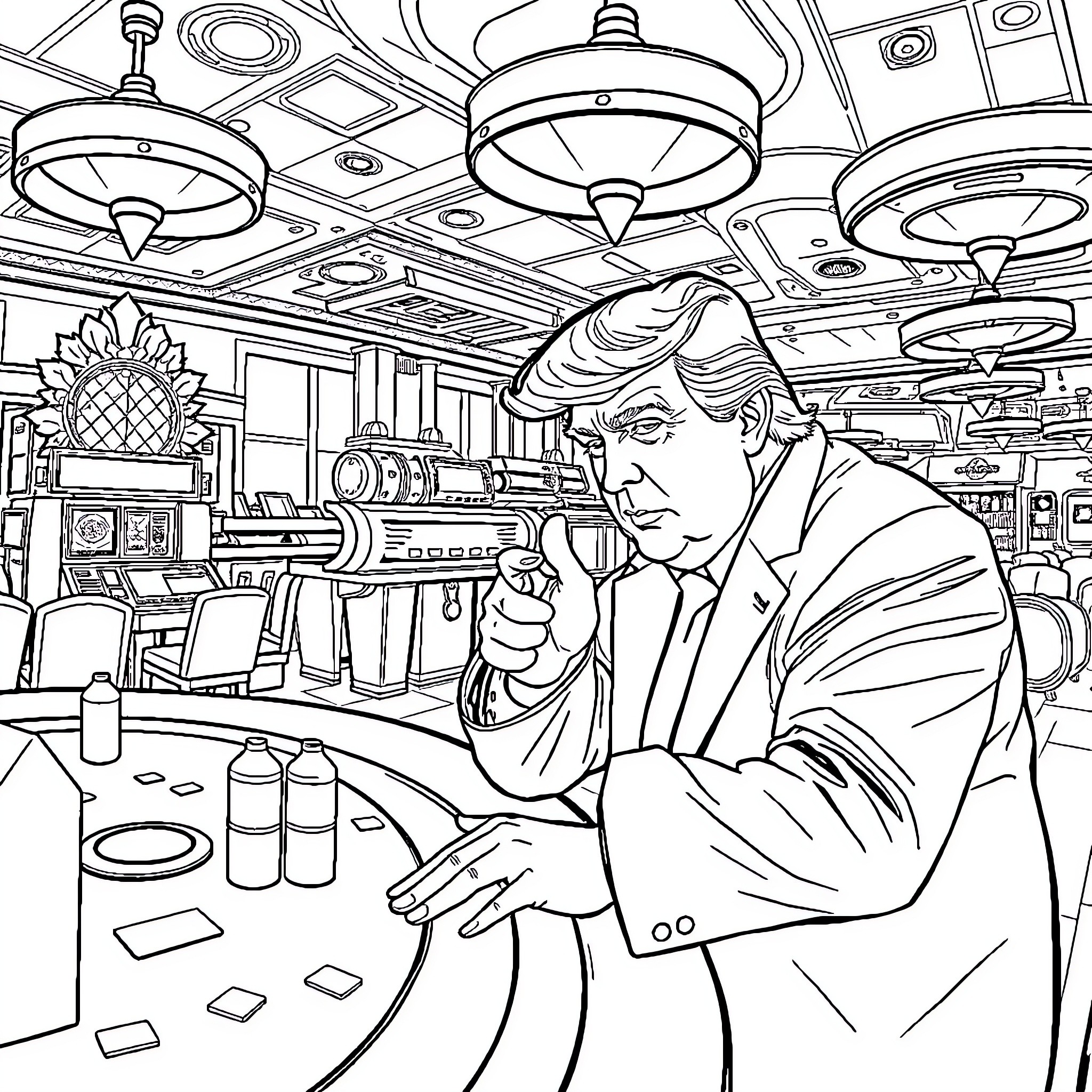 Trump in a stylized diner scene with firearms Coloring Page (free black-and-white line drawing printable PDF for all, from beginners to advanced learners, including children, teens, adults, and seniors)