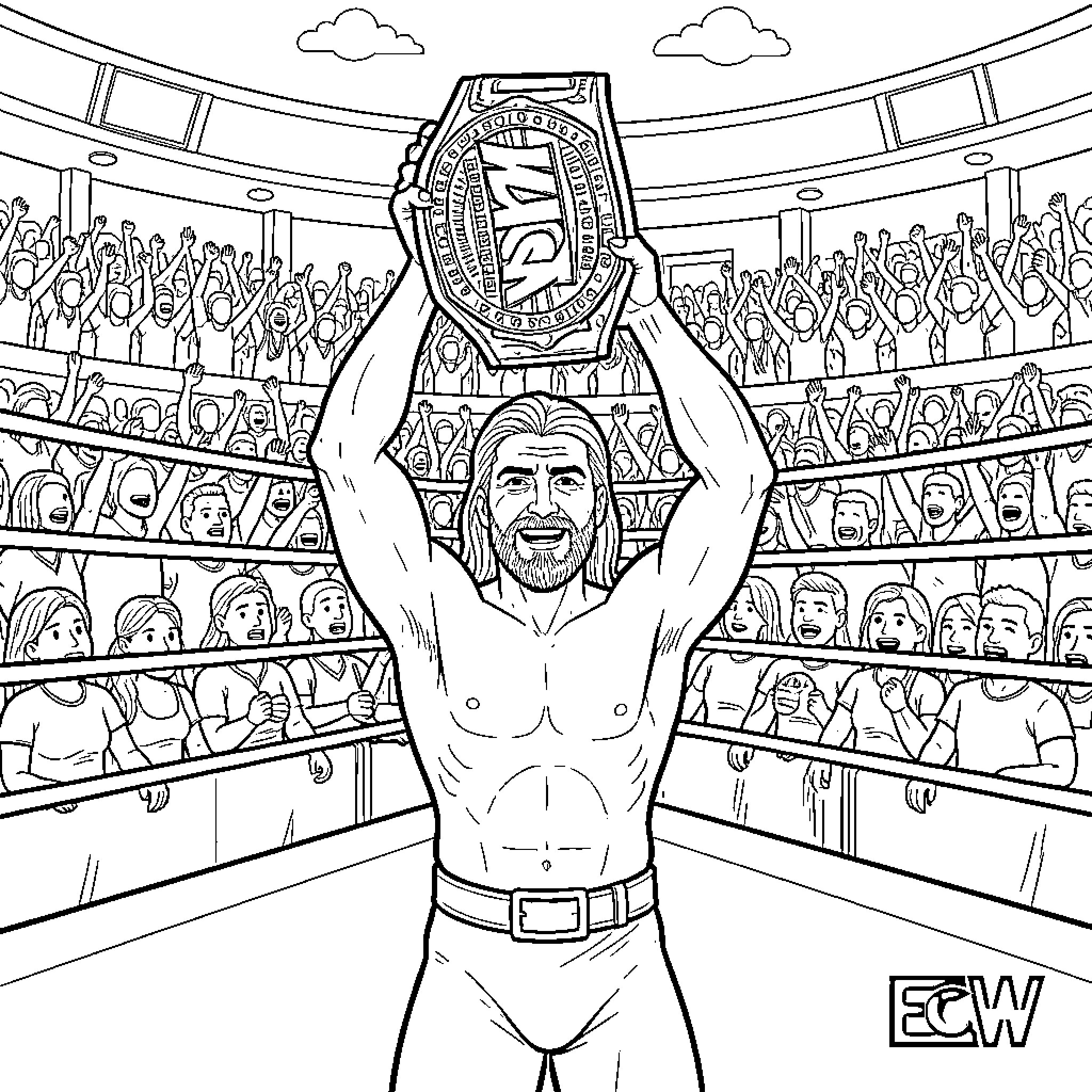 Championship wrestler celebrating victory before an enthusiastic crowd Coloring Page (free black-and-white line drawing printable PDF for all, from beginners to advanced learners, including children, teens, adults, and seniors)