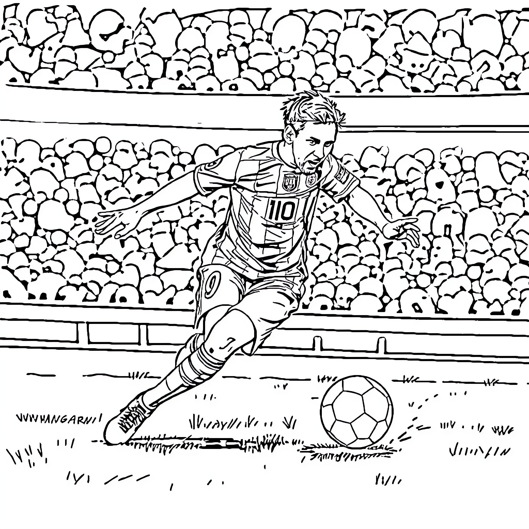 Messi Dribbling with the Ball on the Field Coloring Page (free black-and-white line drawing printable PDF for all, from beginners to advanced learners, including children, teens, adults, and seniors)