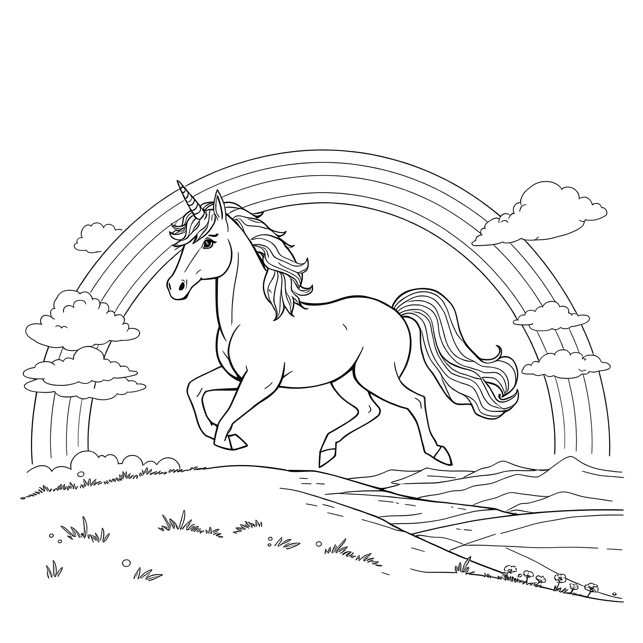 Unicorn galloping through a colorful landscape Coloring Page (free black-and-white line drawing printable PDF for all, from beginners to advanced learners, including children, teens, adults, and seniors)