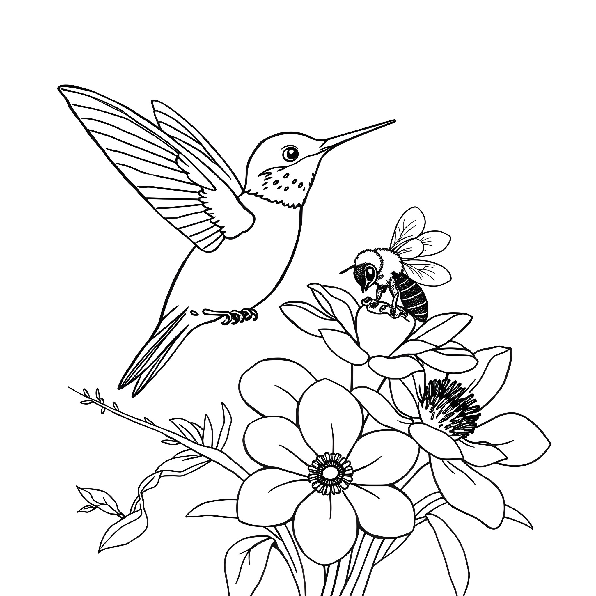 Hummingbird hovering near blooming flowers and bee Coloring Page (free black-and-white line drawing printable PDF for all, from beginners to advanced learners, including children, teens, adults, and seniors)