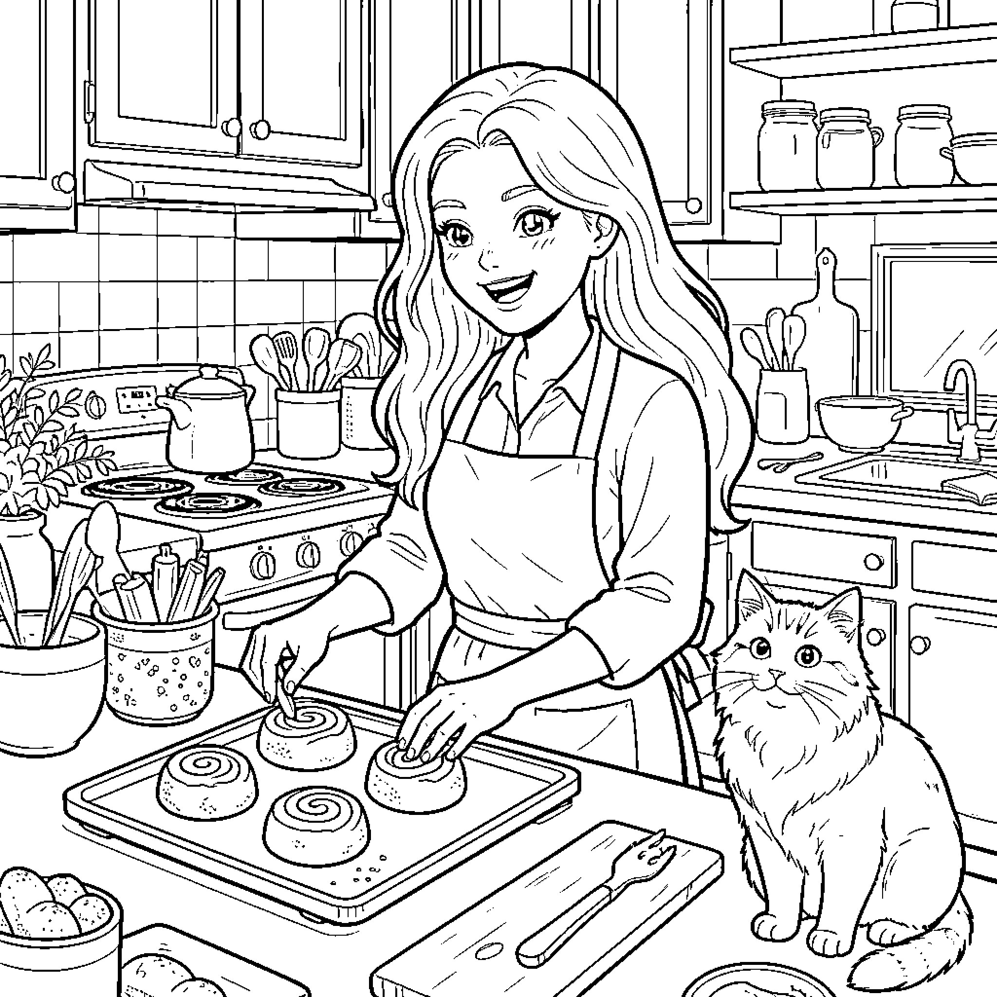 Woman baking treats with her pet cat in the kitchen Coloring Page (free black-and-white line drawing printable PDF for all, from beginners to advanced learners, including children, teens, adults, and seniors)