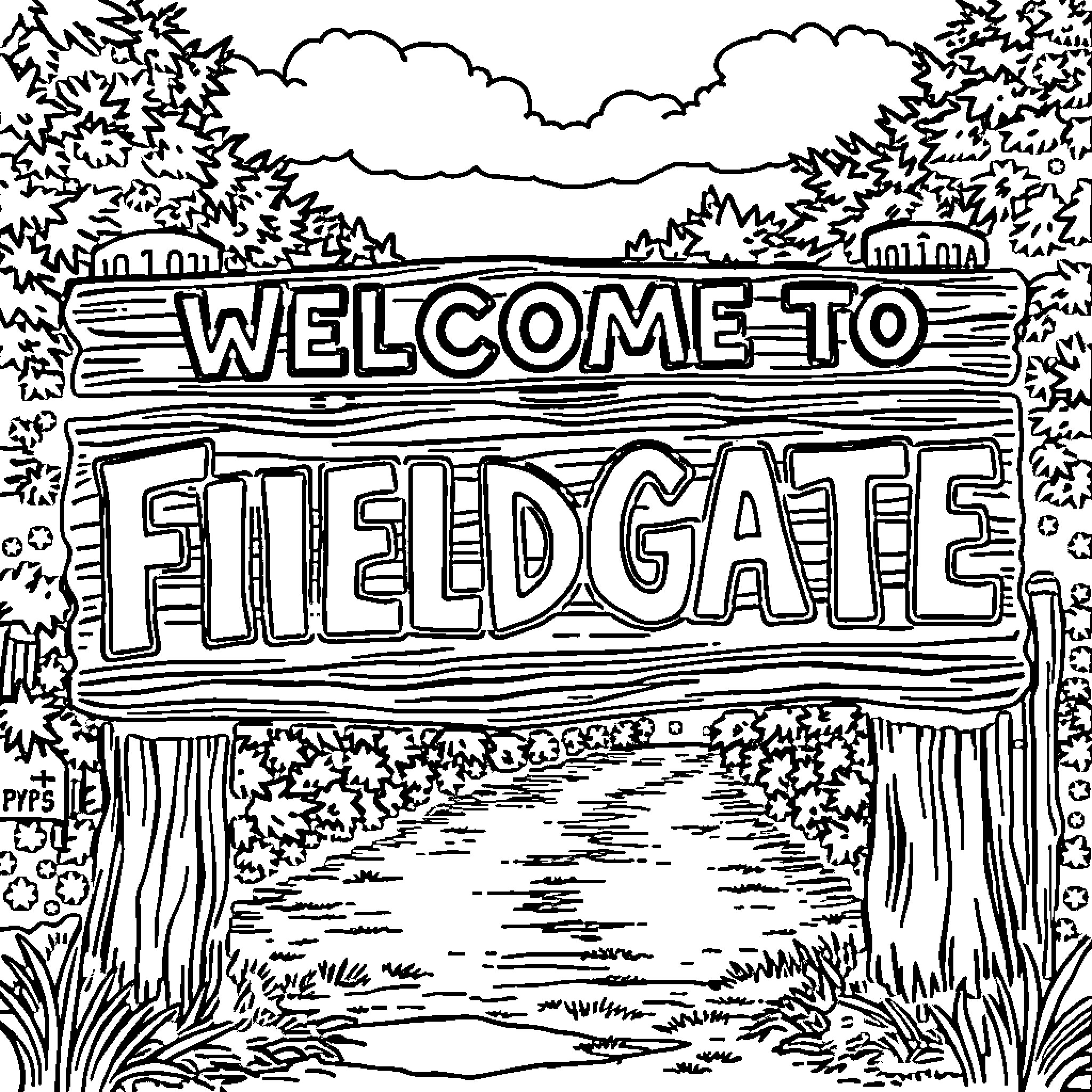 Lettering welcome sign to a natural scenic gate Coloring Page (free black-and-white line drawing printable PDF for all, from beginners to advanced learners, including children, teens, adults, and seniors)