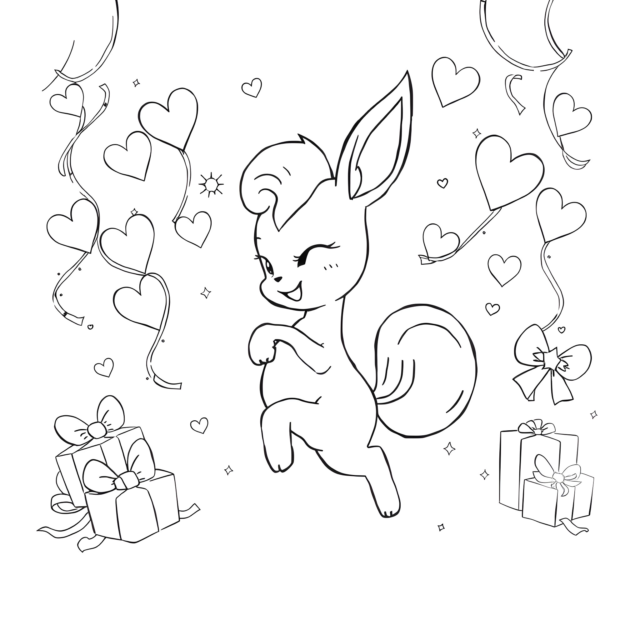 Sylveon enjoying a joyful celebration with hearts and gifts Coloring Page (free black-and-white line drawing printable PDF for all, from beginners to advanced learners, including children, teens, adults, and seniors)