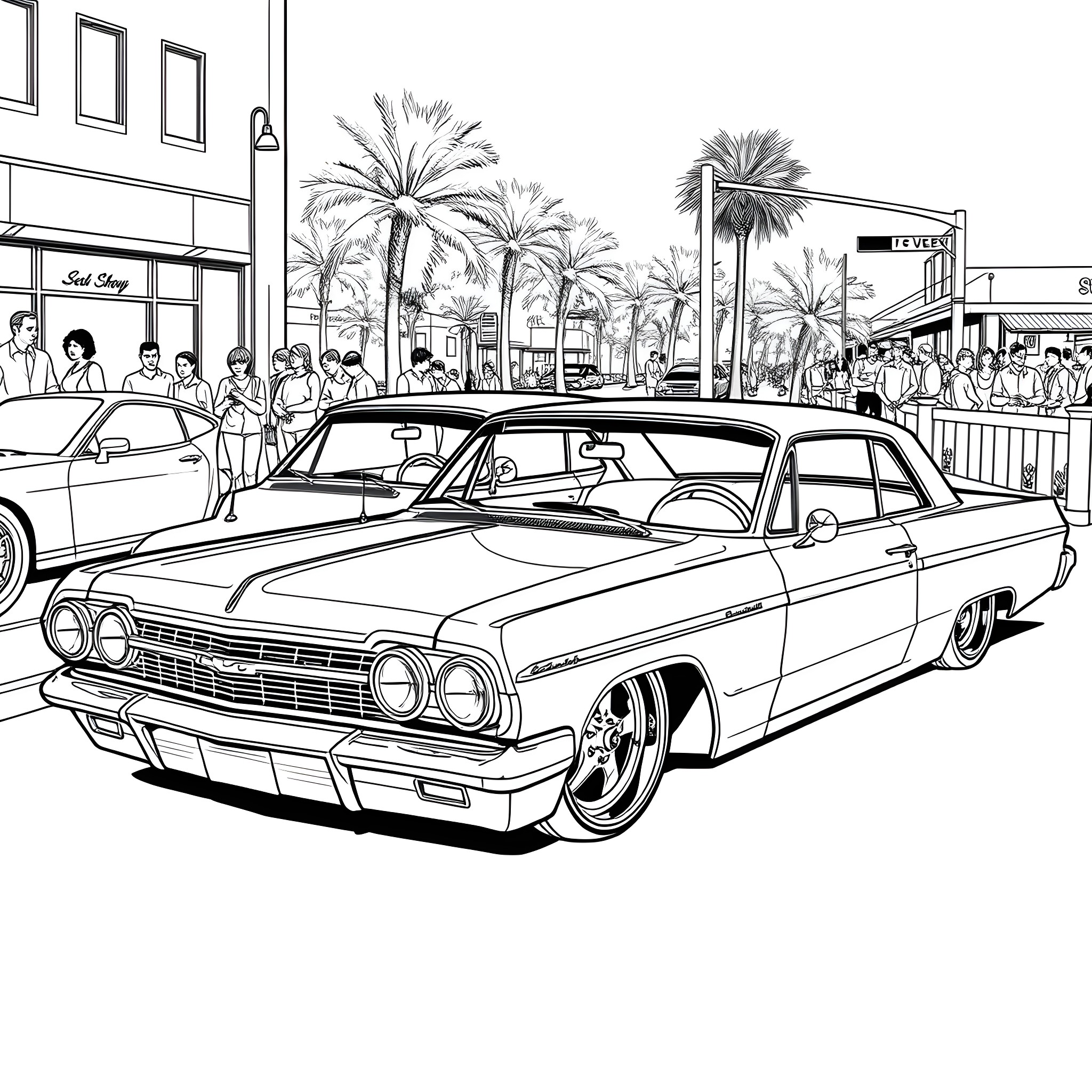 Chevy Impala Classic Cars Showcase in Tropical Setting Coloring Page (free black-and-white line drawing printable PDF for all, from beginners to advanced learners, including children, teens, adults, and seniors)