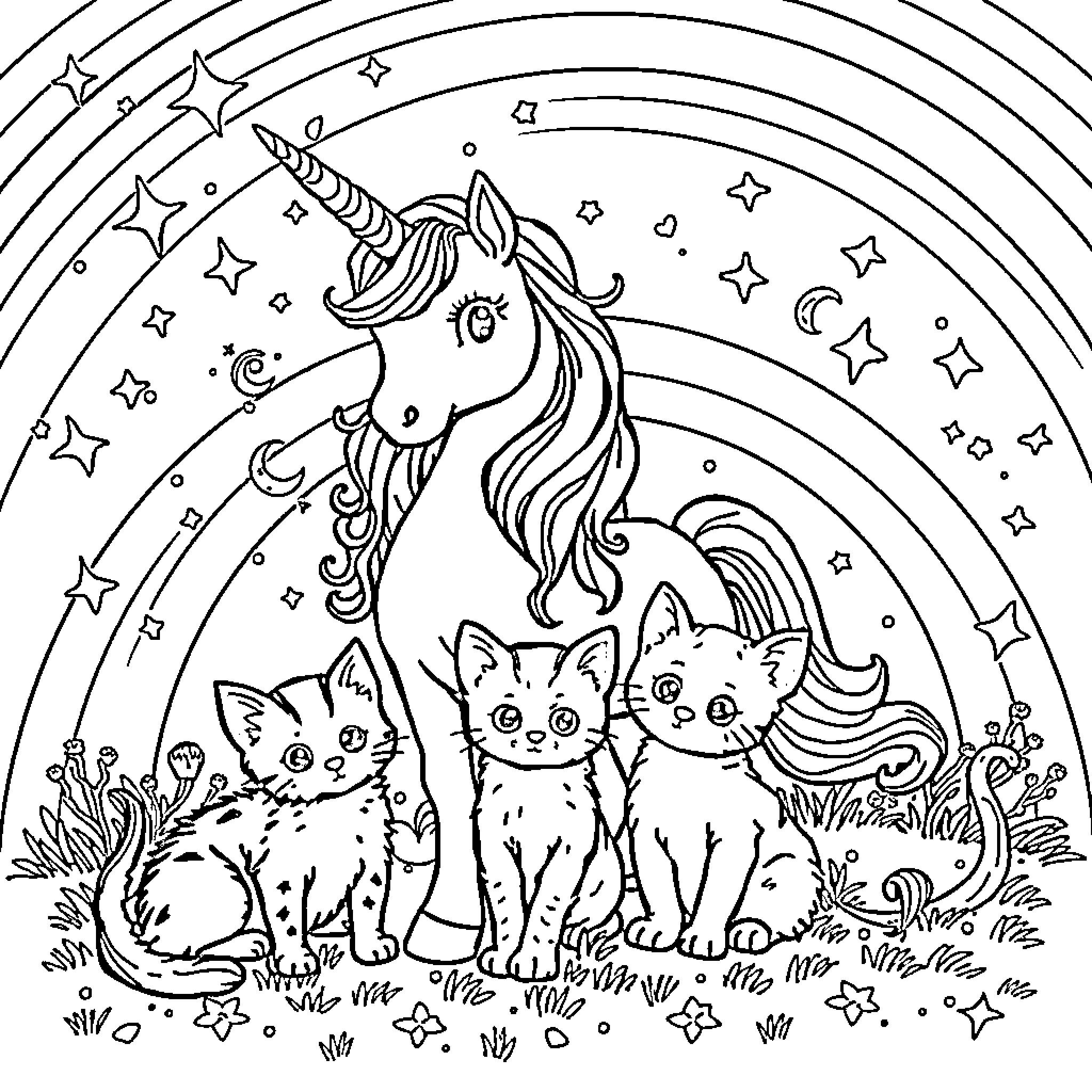 Unicorn surrounded by magical cats and stars Coloring Page (free black-and-white line drawing printable PDF for all, from beginners to advanced learners, including children, teens, adults, and seniors)