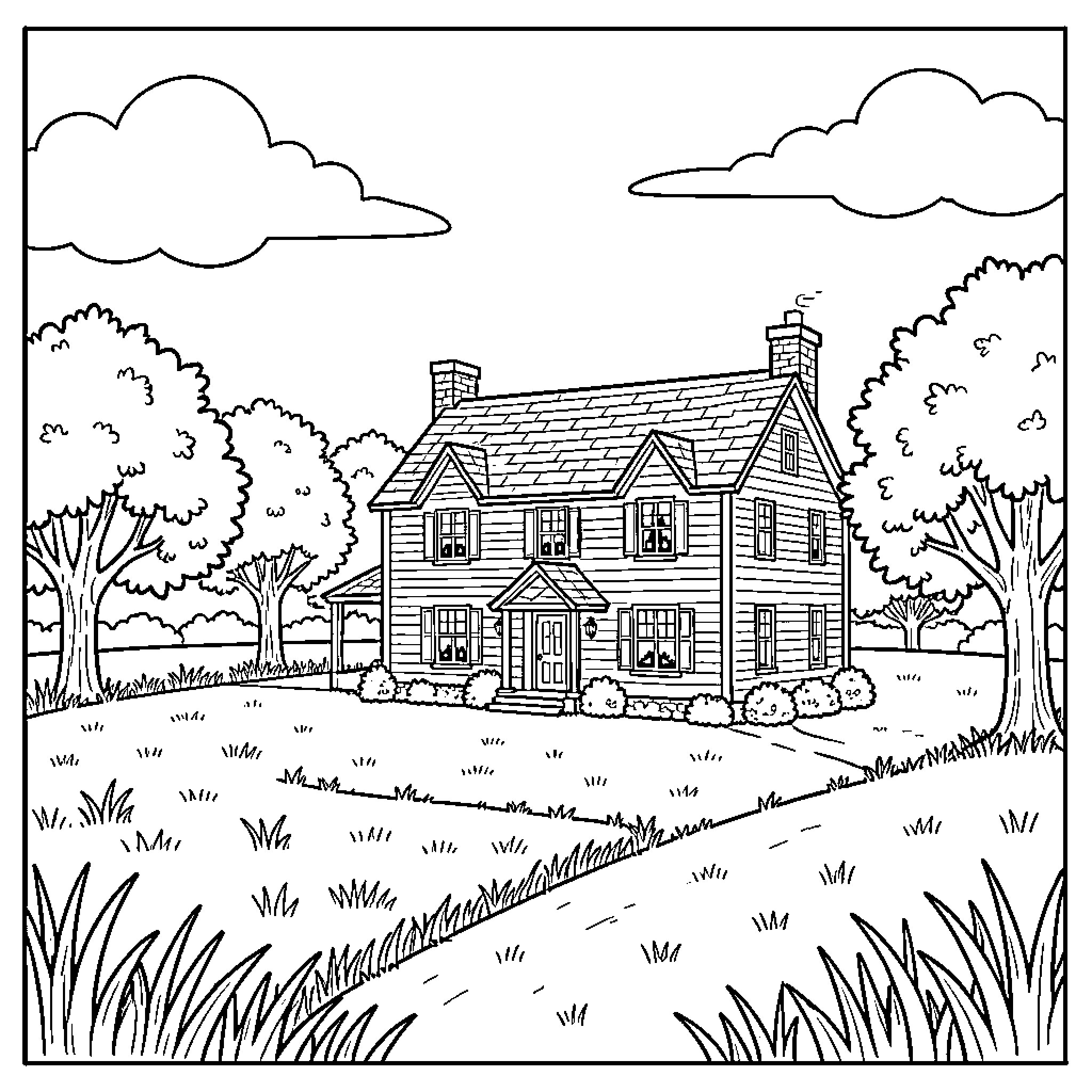 House standing peacefully in a lush garden setting Coloring Page (free black-and-white line drawing printable PDF for all, from beginners to advanced learners, including children, teens, adults, and seniors)