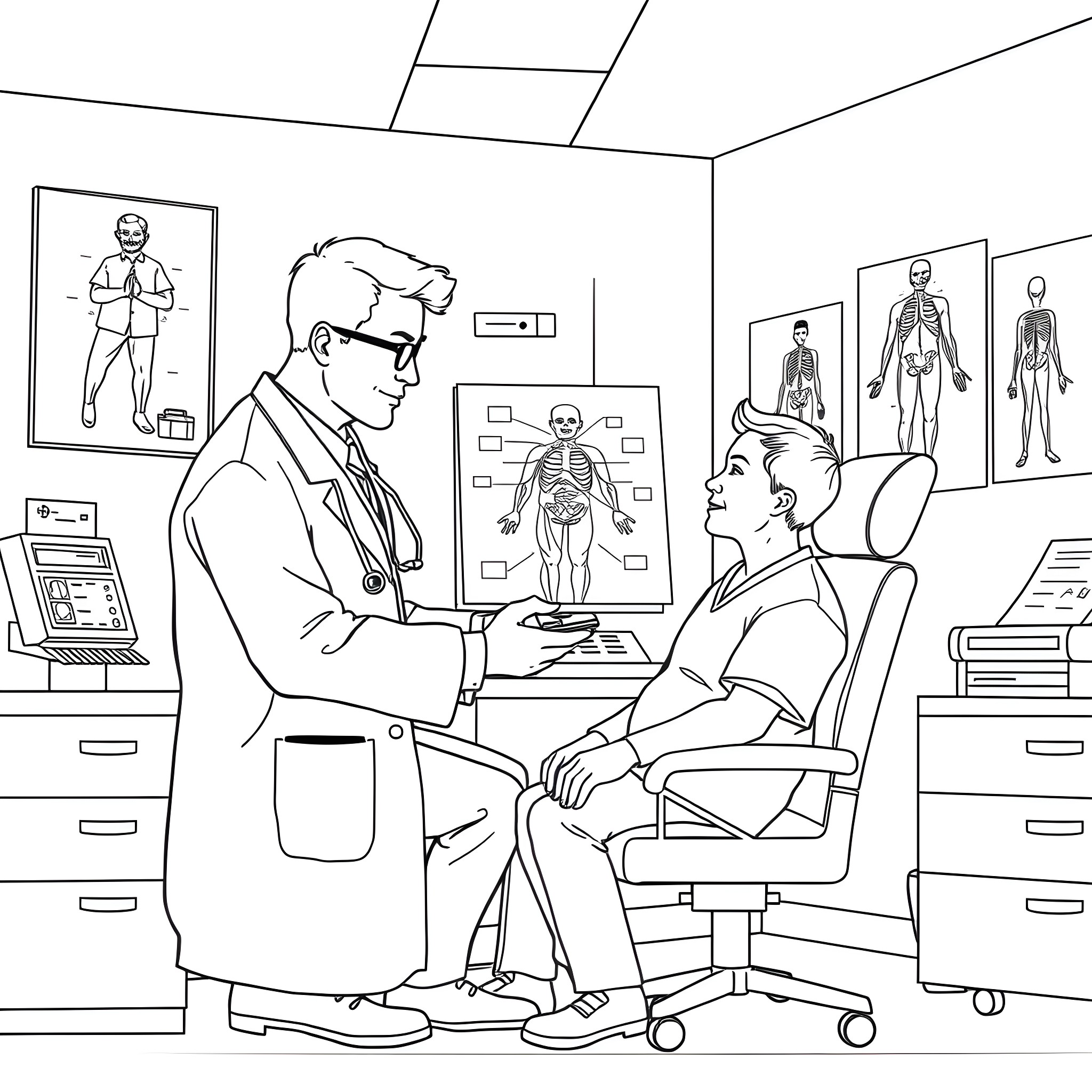 Doctor Examining Patient in Medical Office Coloring Page (free black-and-white line drawing printable PDF for all, from beginners to advanced learners, including children, teens, adults, and seniors)