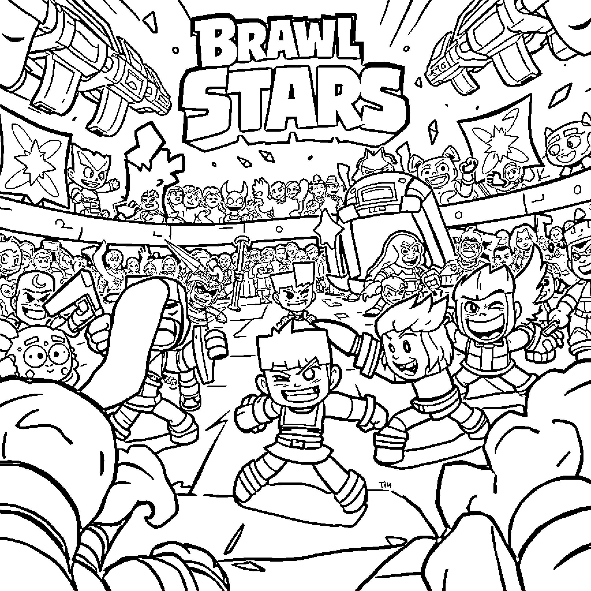 Brawlstar characters in an energetic battle scene Coloring Page (free black-and-white line drawing printable PDF for all, from beginners to advanced learners, including children, teens, adults, and seniors)