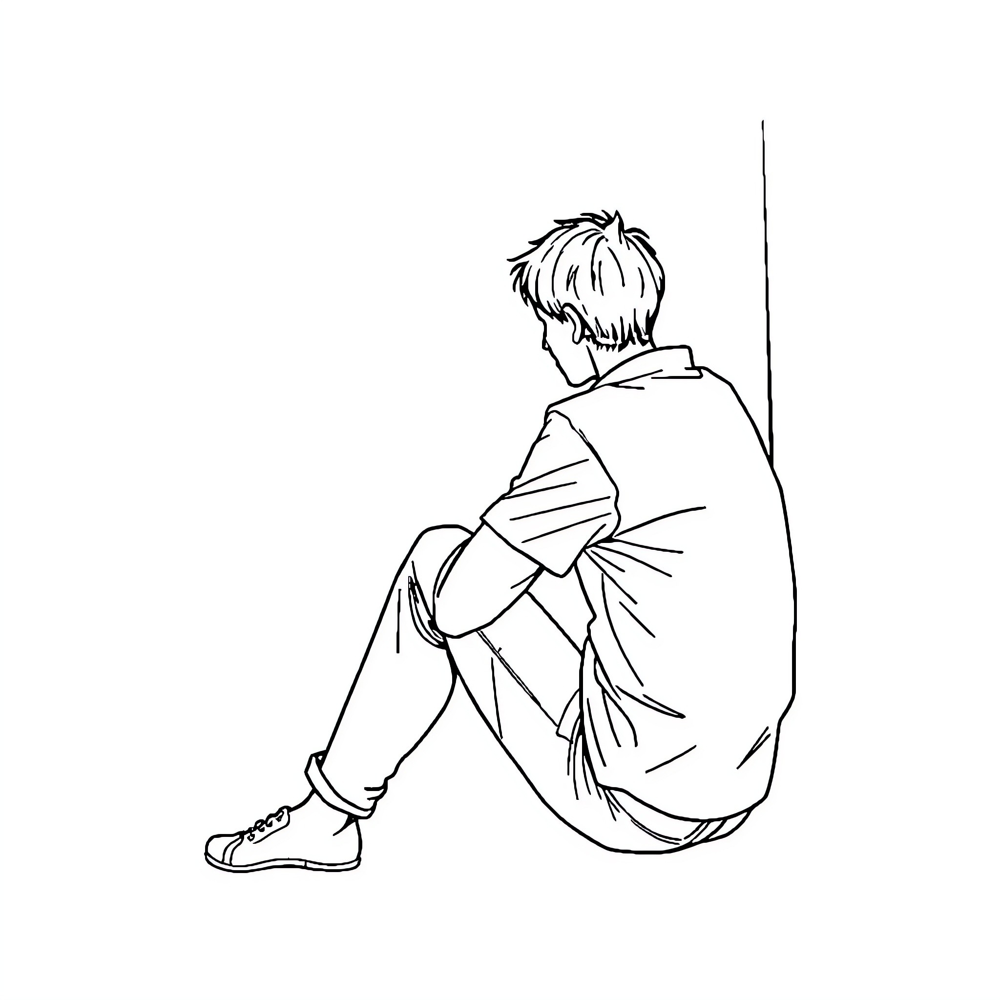 Man sitting alone in contemplation Coloring Page (free black-and-white line drawing printable PDF for all, from beginners to advanced learners, including children, teens, adults, and seniors)
