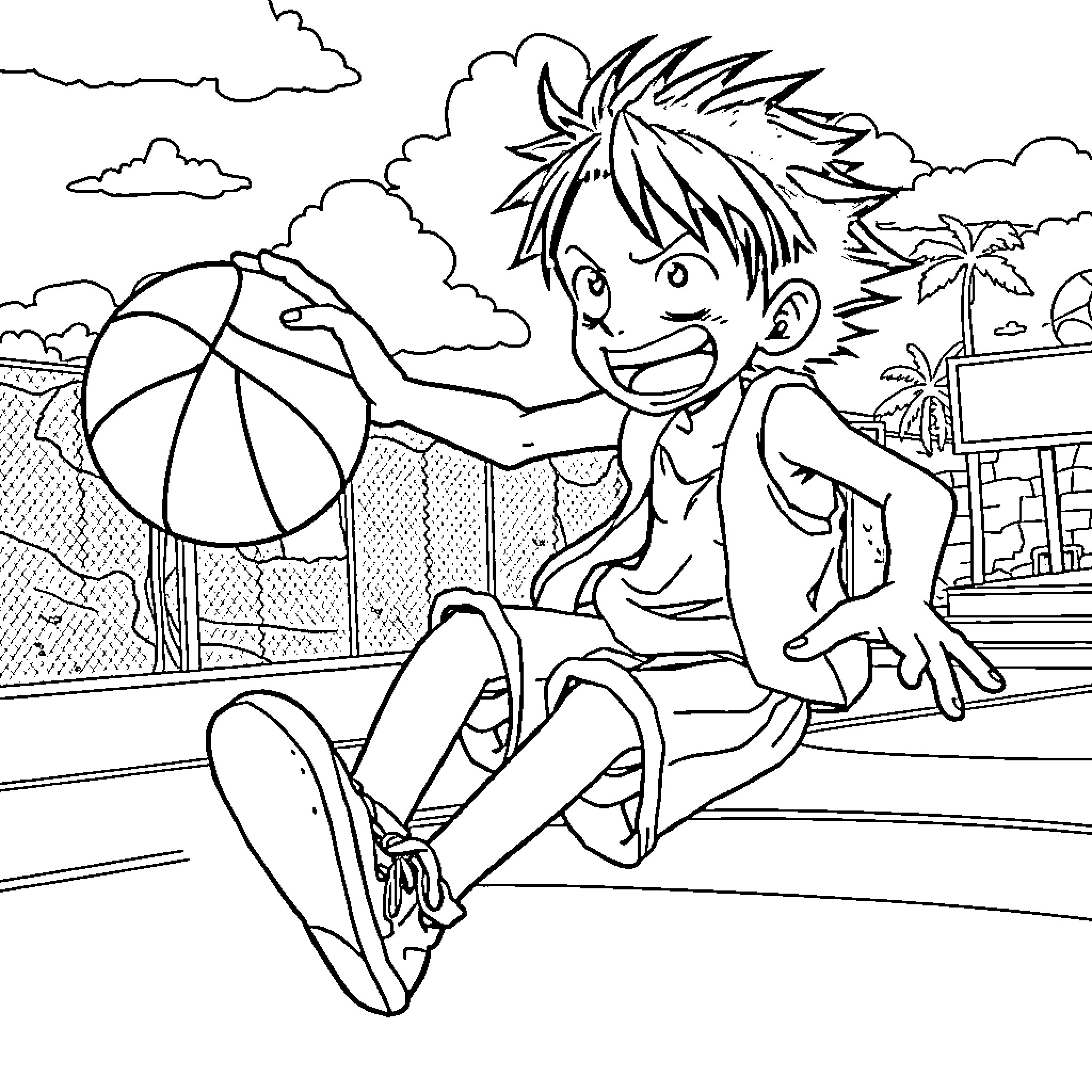 Luffy enjoying a day at the beach with his basketball Coloring Page (free black-and-white line drawing printable PDF for all, from beginners to advanced learners, including children, teens, adults, and seniors)