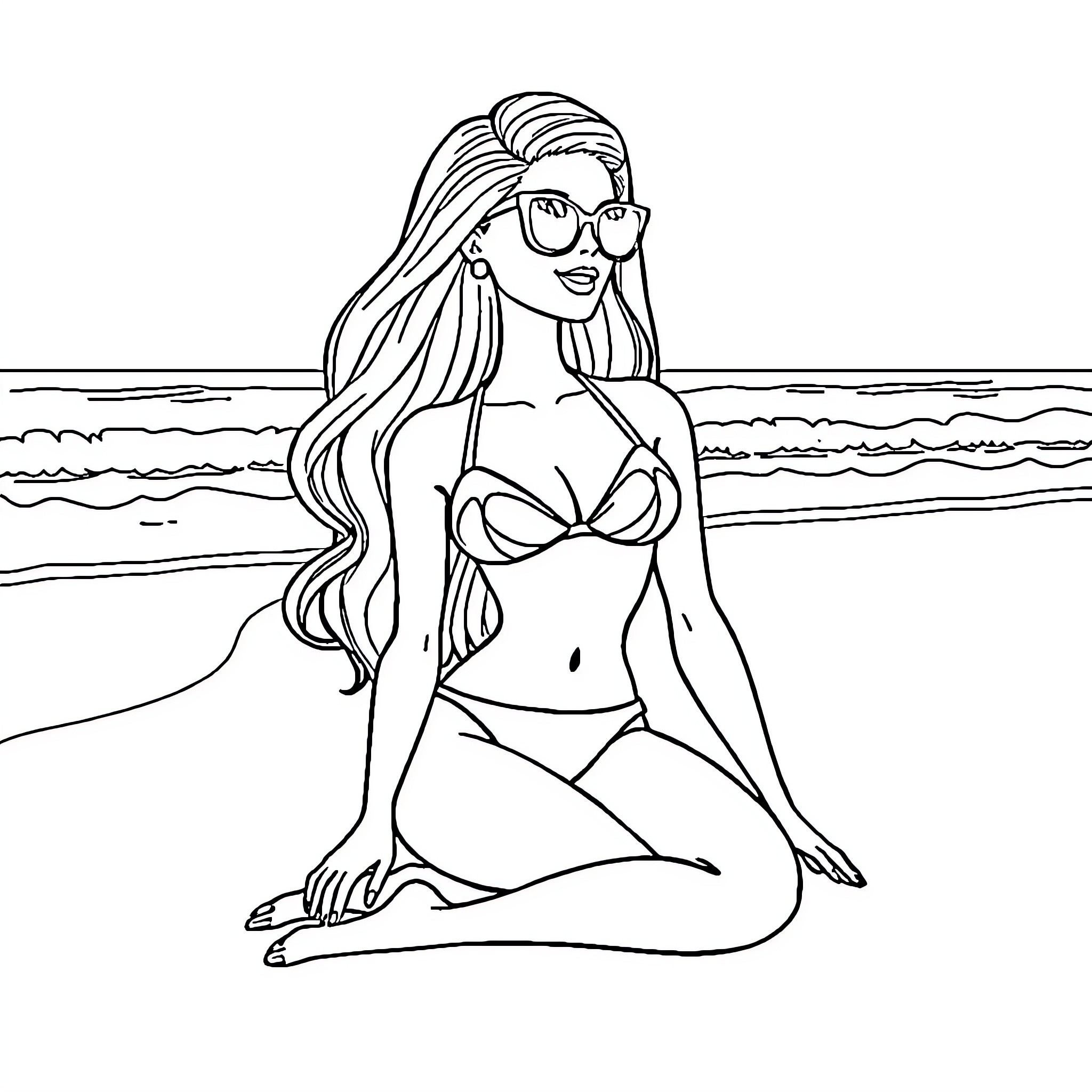 Barbie enjoying a day at the beach Coloring Page (free black-and-white line drawing printable PDF for all, from beginners to advanced learners, including children, teens, adults, and seniors)