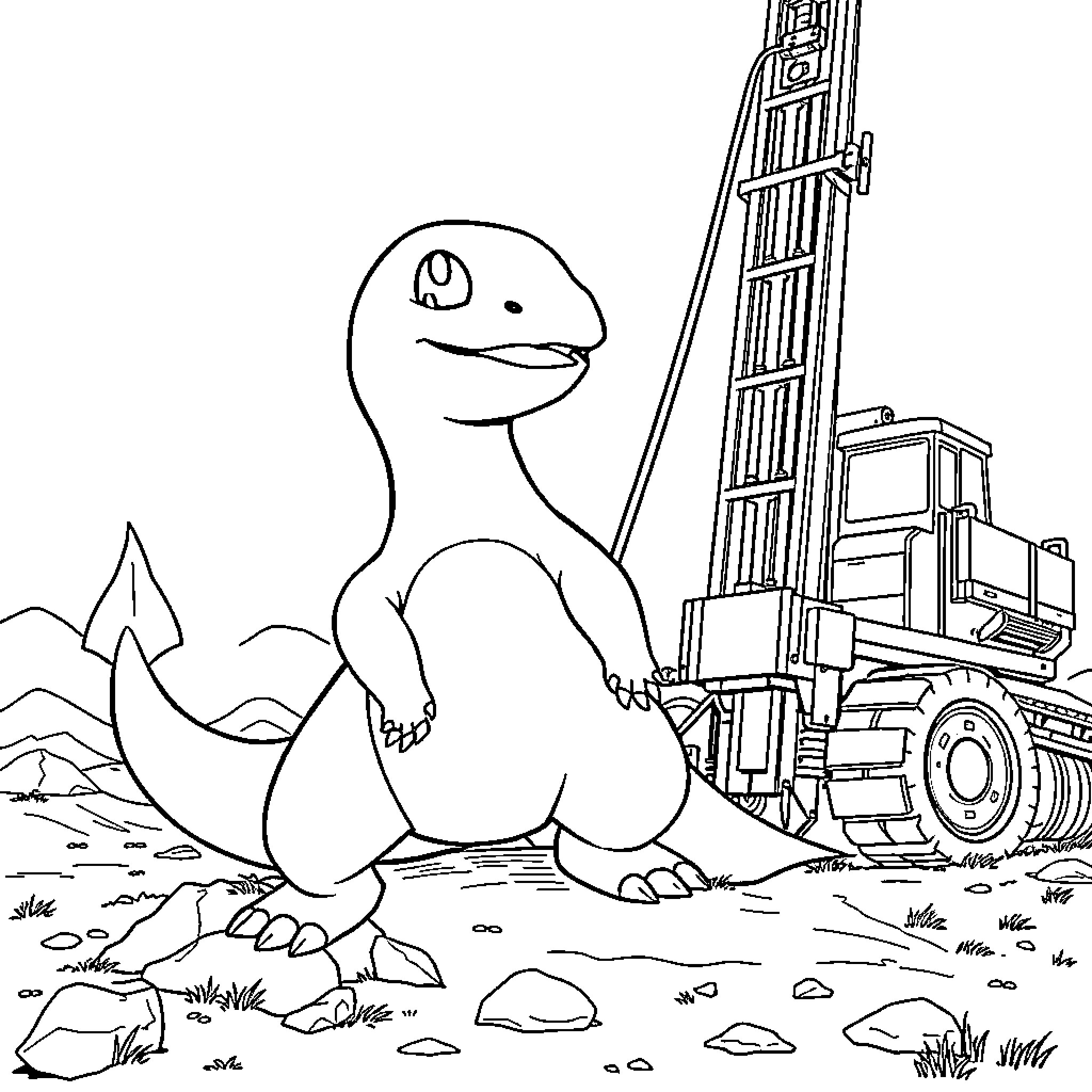 Charmander with construction equipment on rocky terrain Coloring Page (free black-and-white line drawing printable PDF for all, from beginners to advanced learners, including children, teens, adults, and seniors)